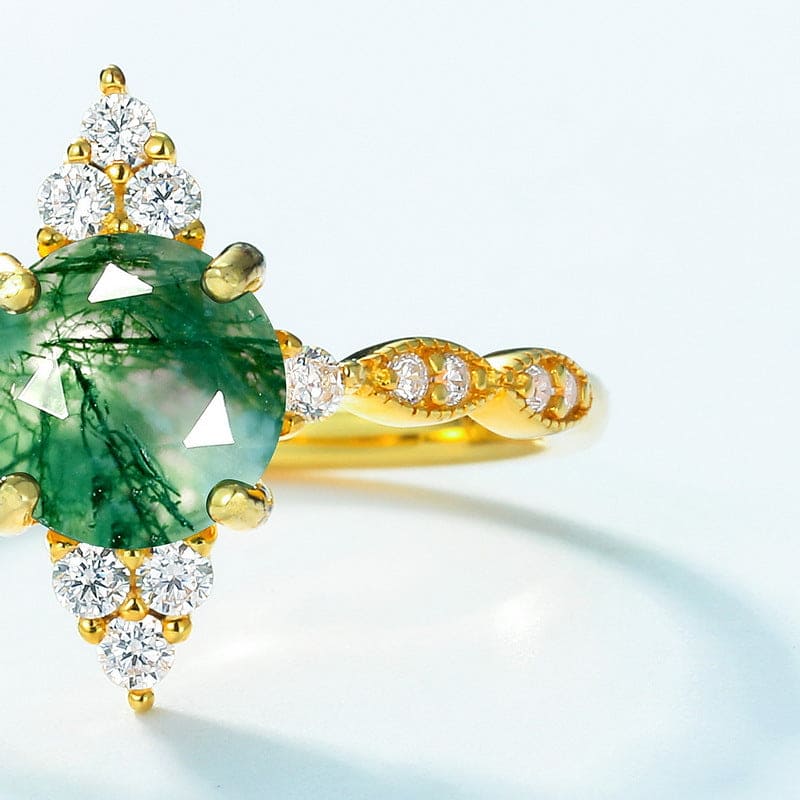 Marquise Cut Natural Moss Agate Sunburst Gold Ring - S925 Sterling Silver