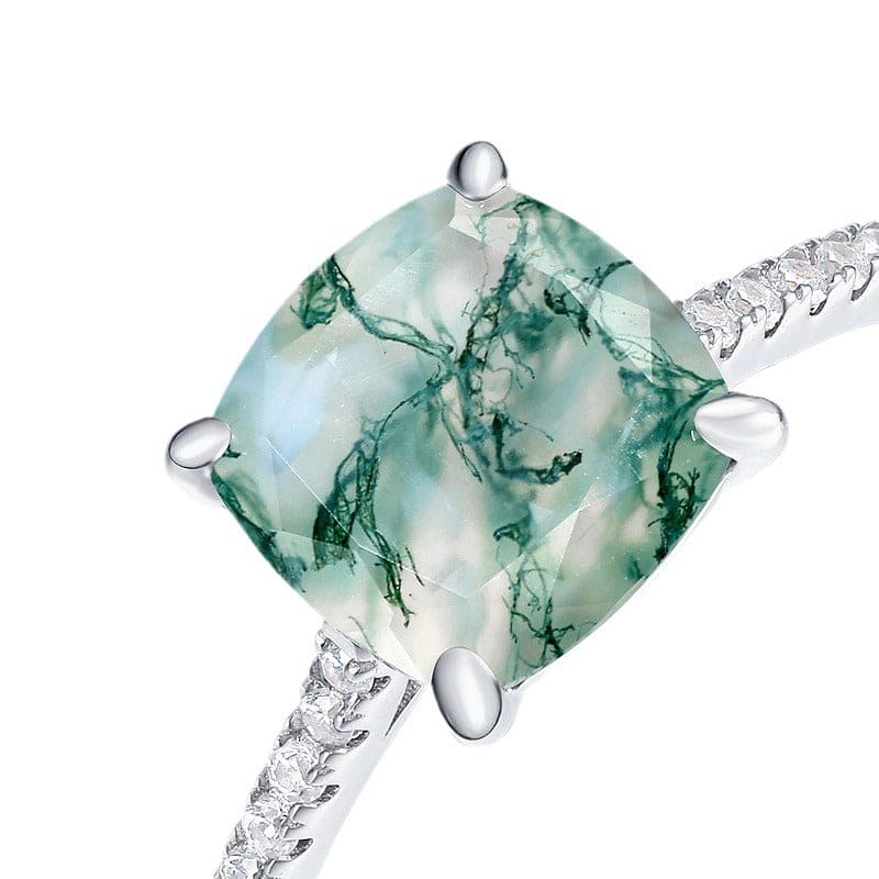 Cushion Cut Natural Moss Agate Pavé Ring - S925 Sterling Silver