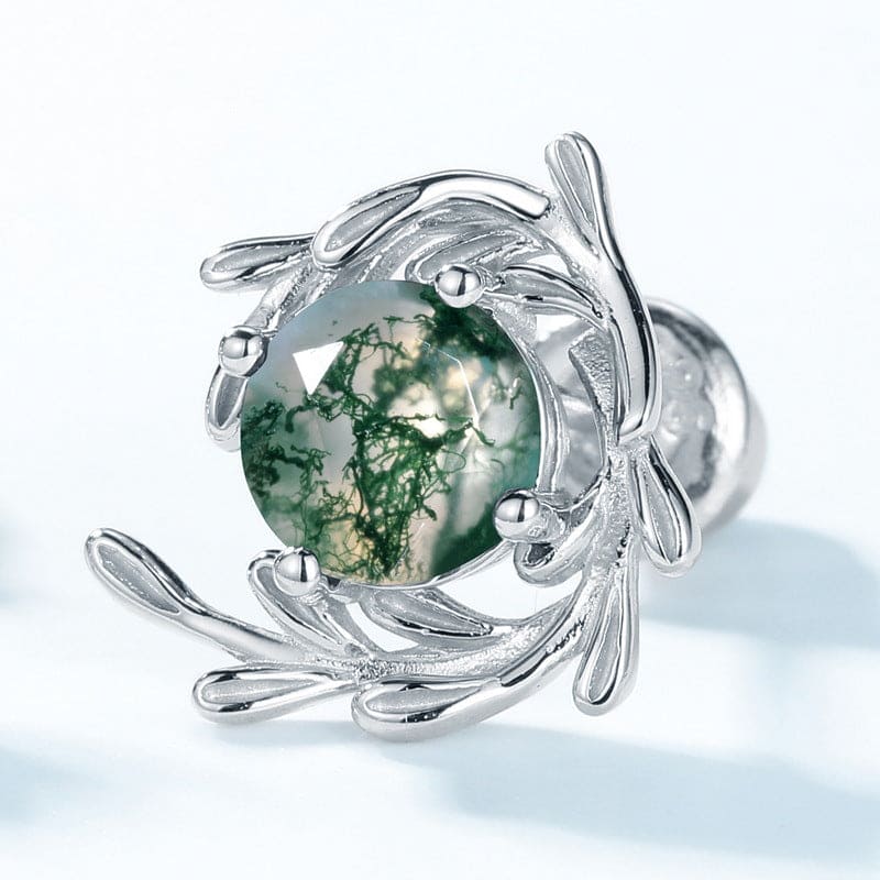 Vine Wrap Natural Moss Agate Stud Earrings - S925 Sterling Silver