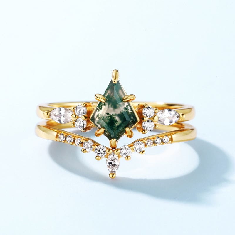 Natural Moss Agate Duo Band Ring Set - S925 Sterling Silver