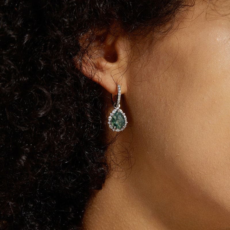 Teardrop Halo Natural Moss Agate Leverback Earrings - S925 Sterling Silver