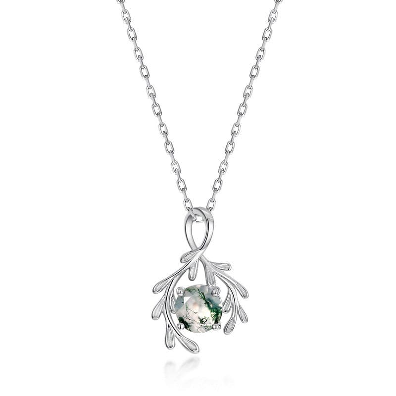 Botanical Embrace Natural Moss Agate Pendant Necklace - S925 Sterling Silver