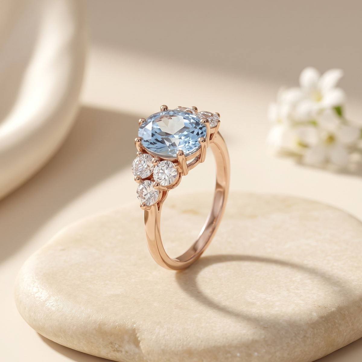 The Fiorella blue oval cluster moissanite ring in rose gold, isolated product view