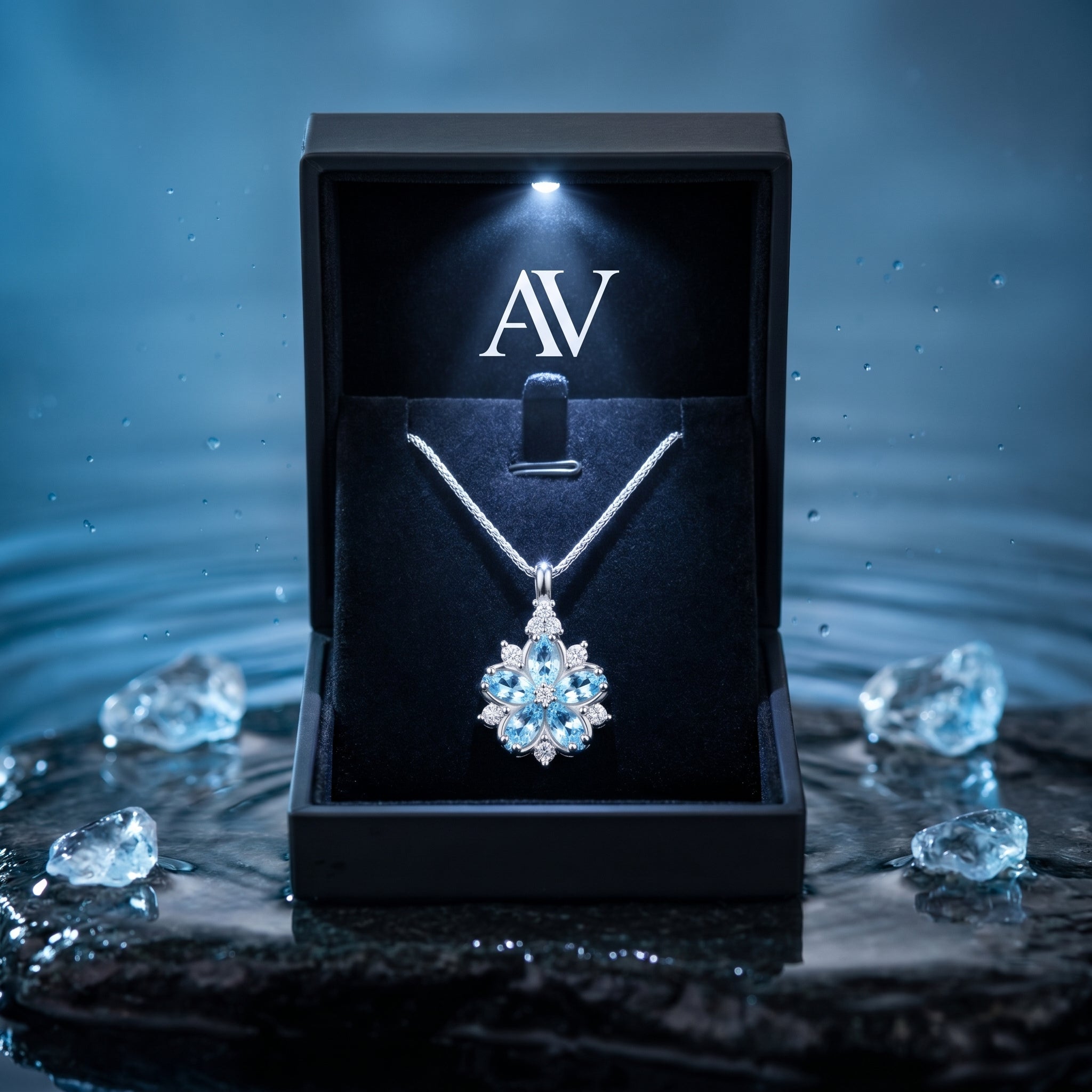 White gold floral aquamarine necklace presented in a black lighted gift box on a styled water-themed background.