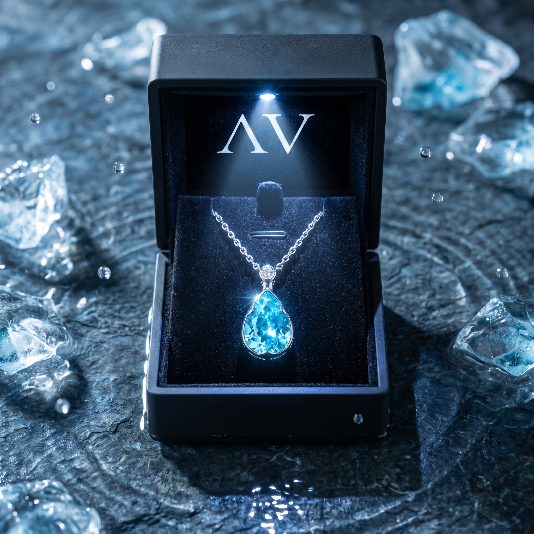 Pear cut aquamarine pendant in platinum, displayed inside a lighted black AV branded jewelry gift box.