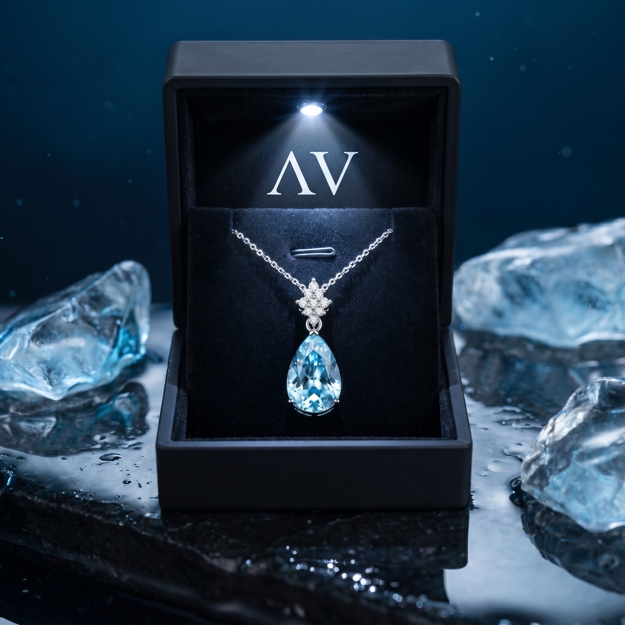 The Oceania pear cut aquamarine necklace in platinum displayed inside a lighted black presentation box.