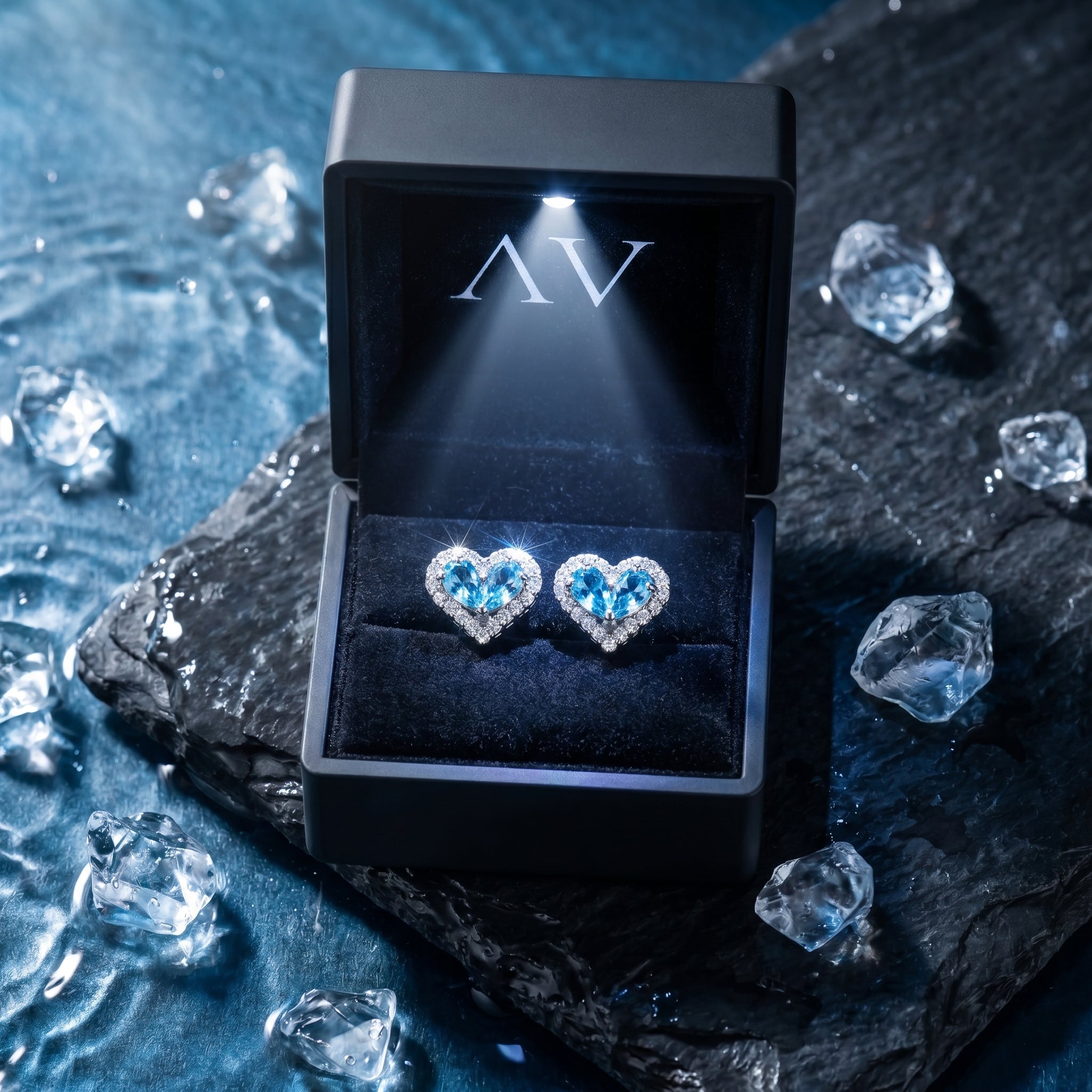 Heart-shaped natural aquamarine halo earrings in a black lighted jewelry box on a wet stone background.
