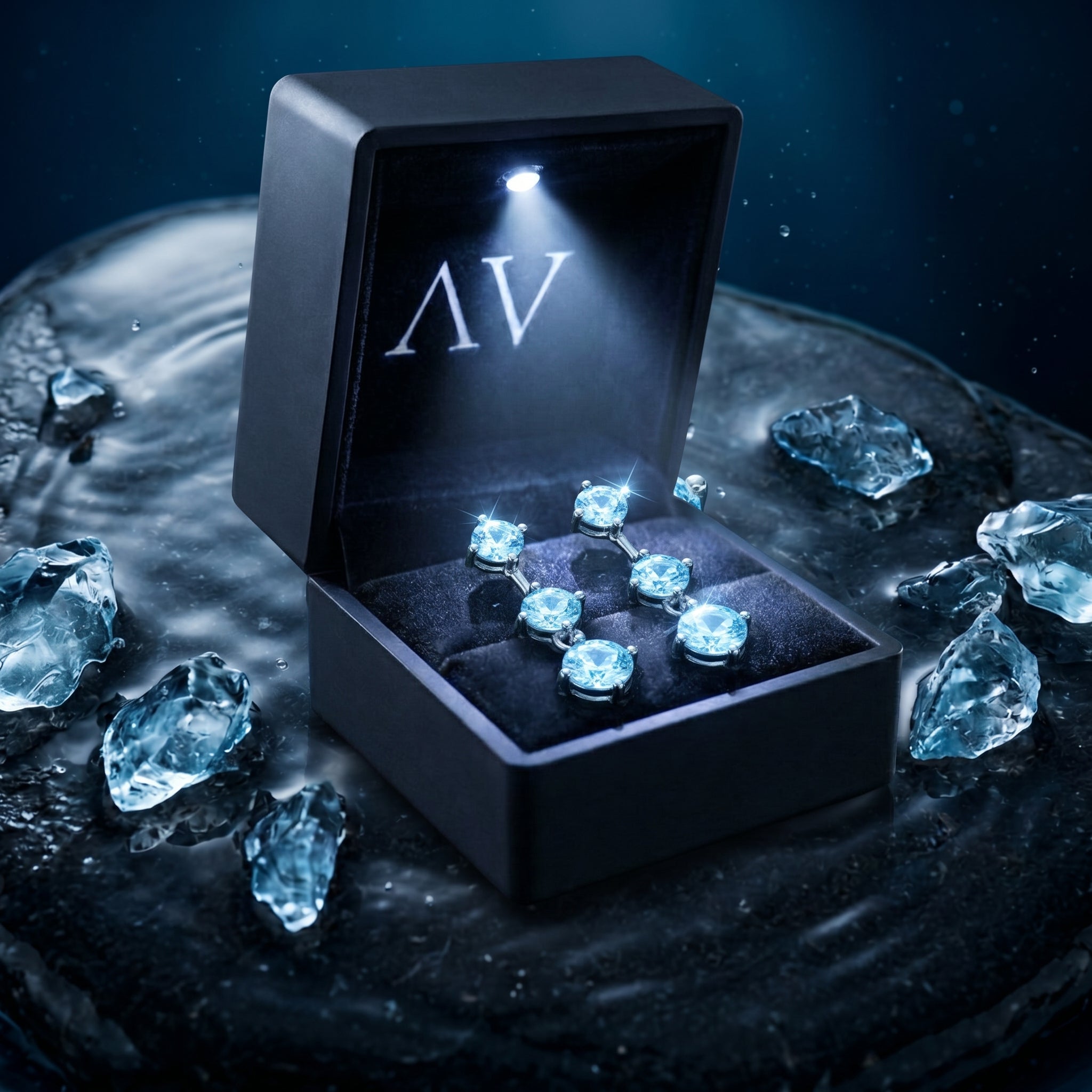 Pair of graduating round aquamarine drop earrings in a black illuminated gift box on a dark wet stone.