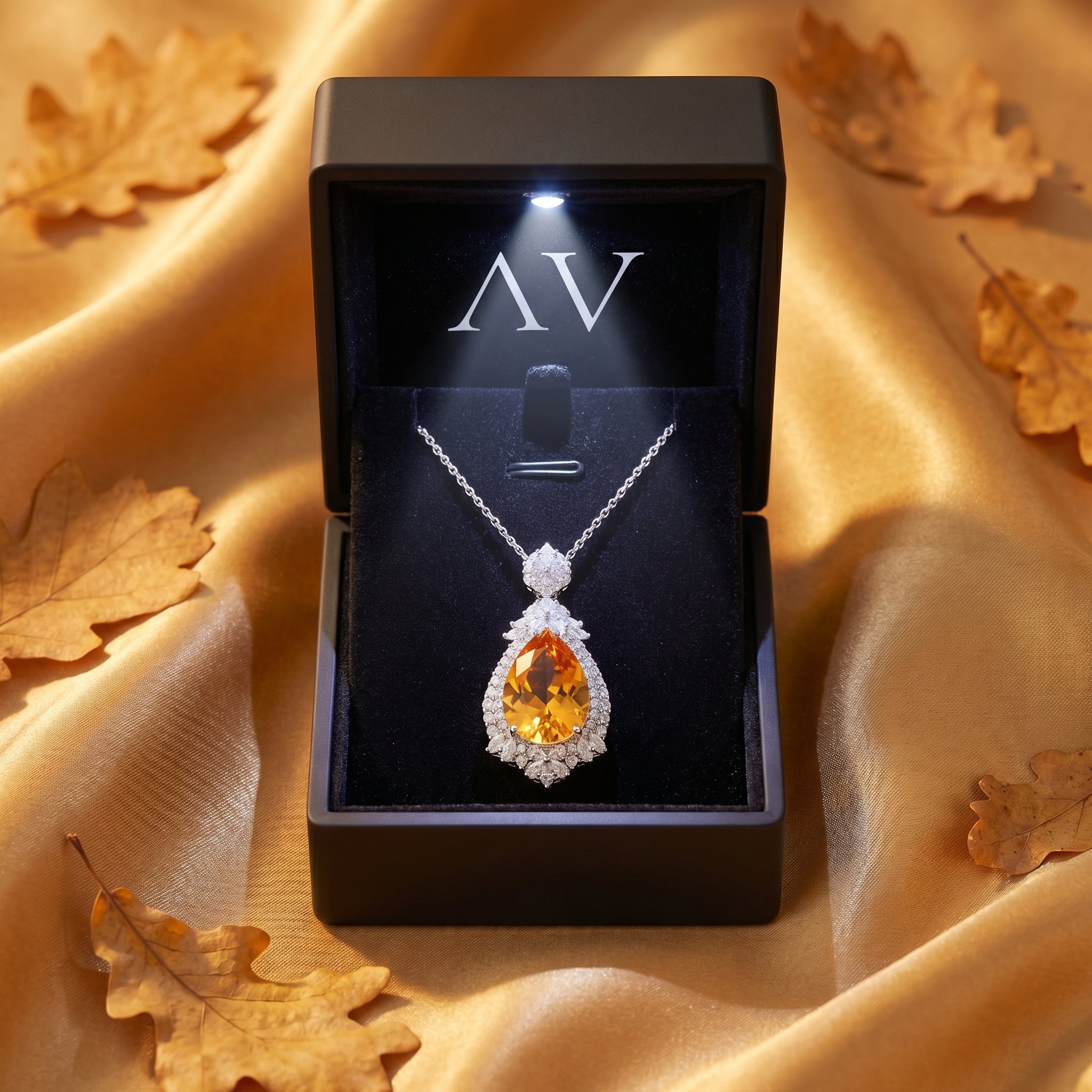 Pear-cut natural citrine necklace in white gold presented in a black LED-lit gift box with AV branding.