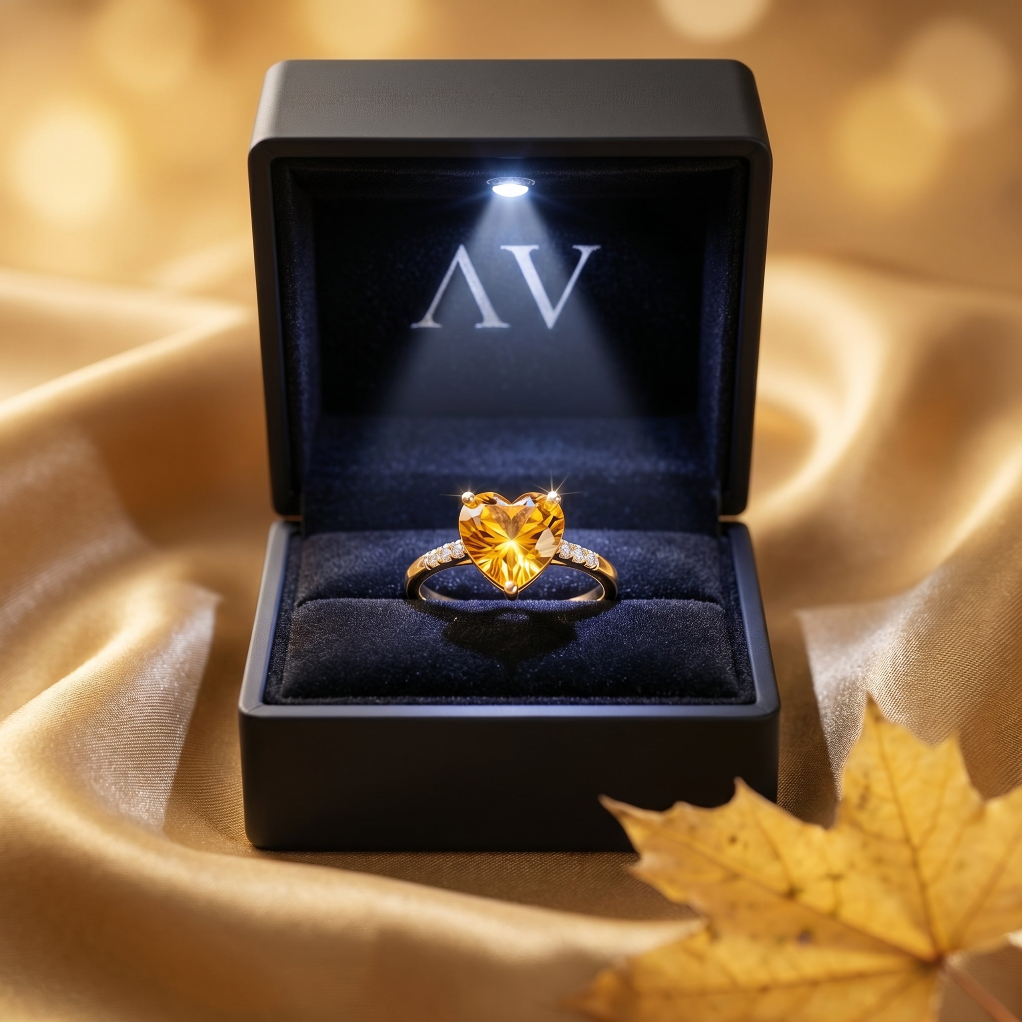 Heart cut natural citrine ring in 18K yellow gold presented in a lighted black jewelry gift box.