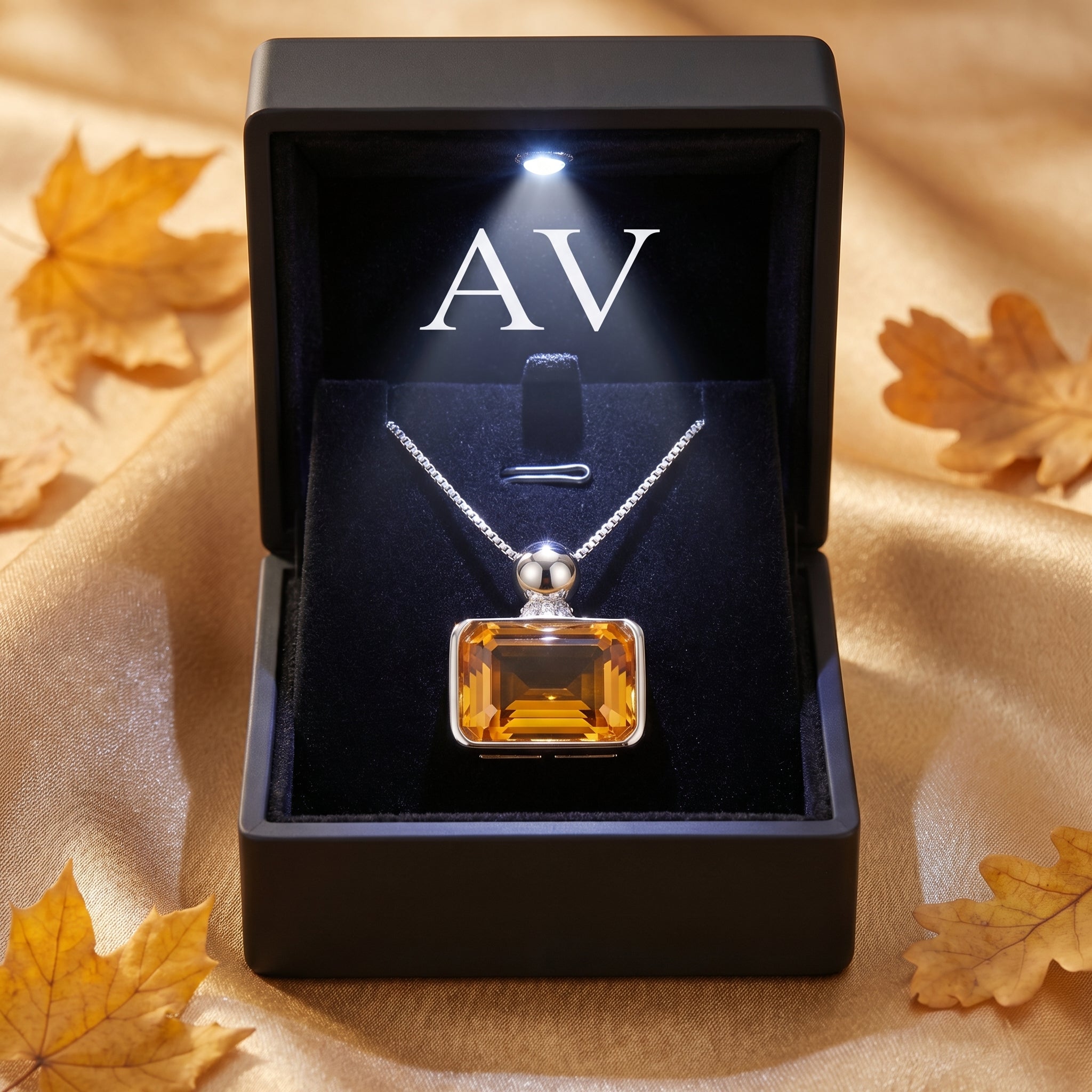 The Solaris emerald cut citrine necklace presented in a black LED-lit jewelry box on a golden satin surface.