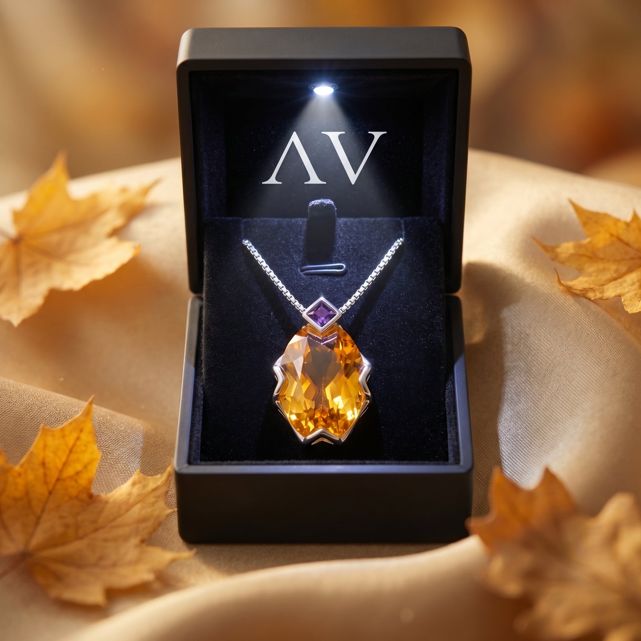 The Celestria citrine necklace in a lighted black gift box, surrounded by autumn leaves.