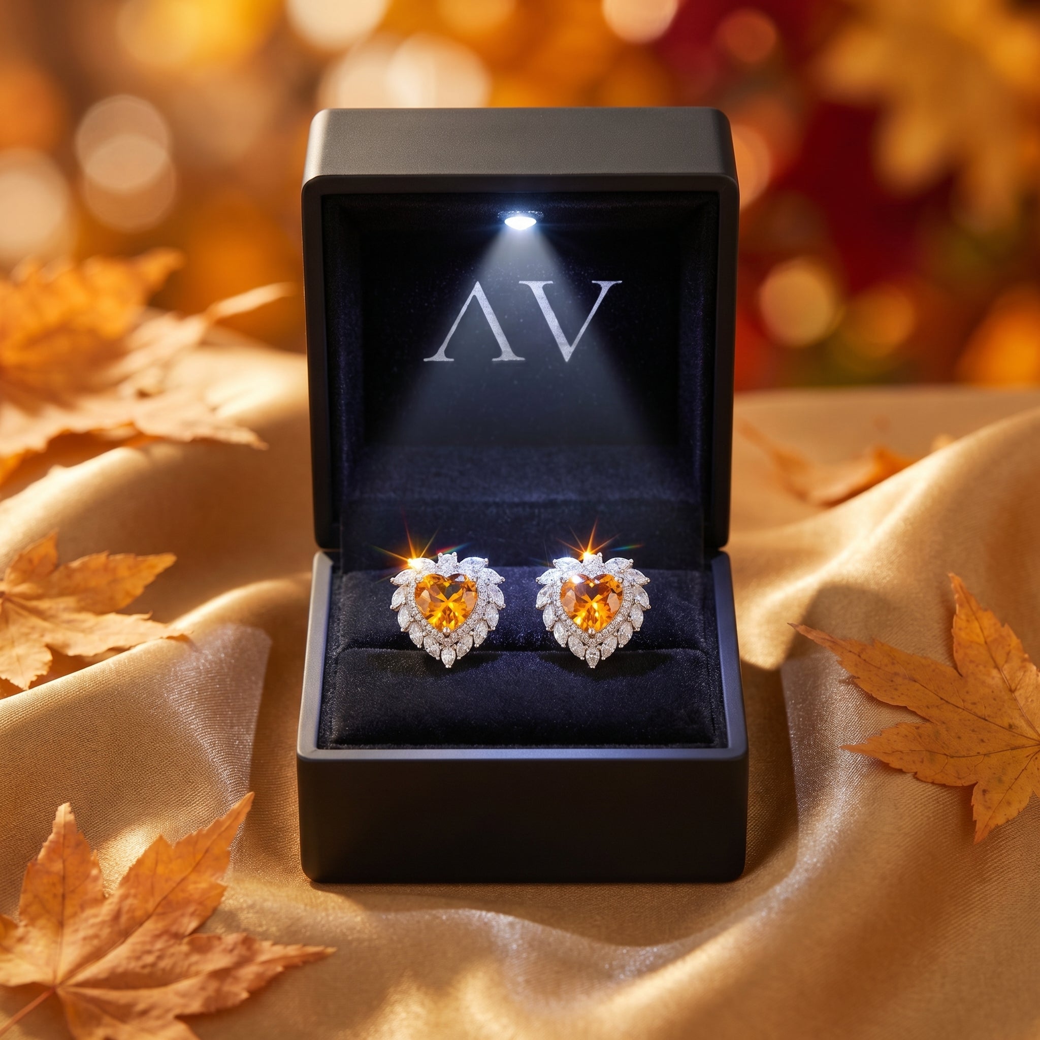 Heart-cut natural citrine earrings in a lighted black presentation box on gold fabric.