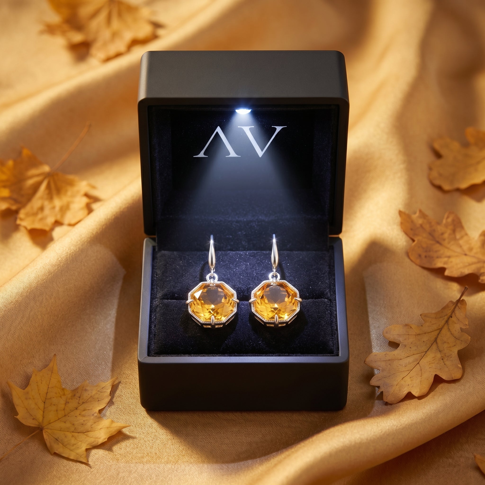 Octagon-cut citrine drop earrings in silver, presented in a black LED-lit jewelry gift box on gold fabric.
