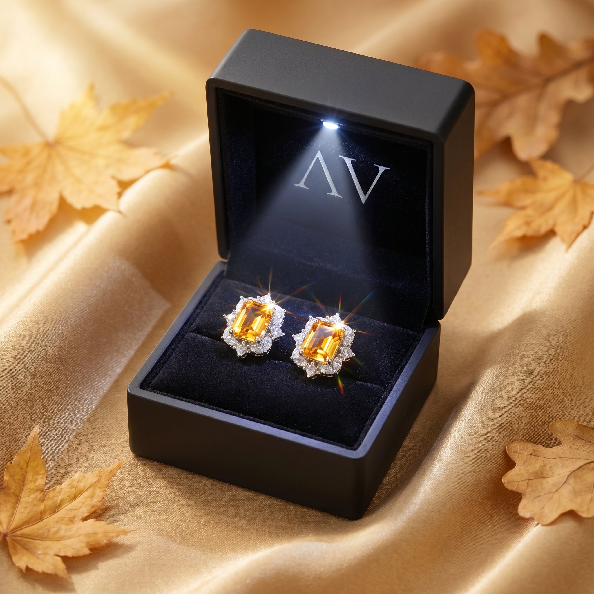 Natural citrine earrings inside a black LED-lit jewelry box on a gold fabric background with leaves.
