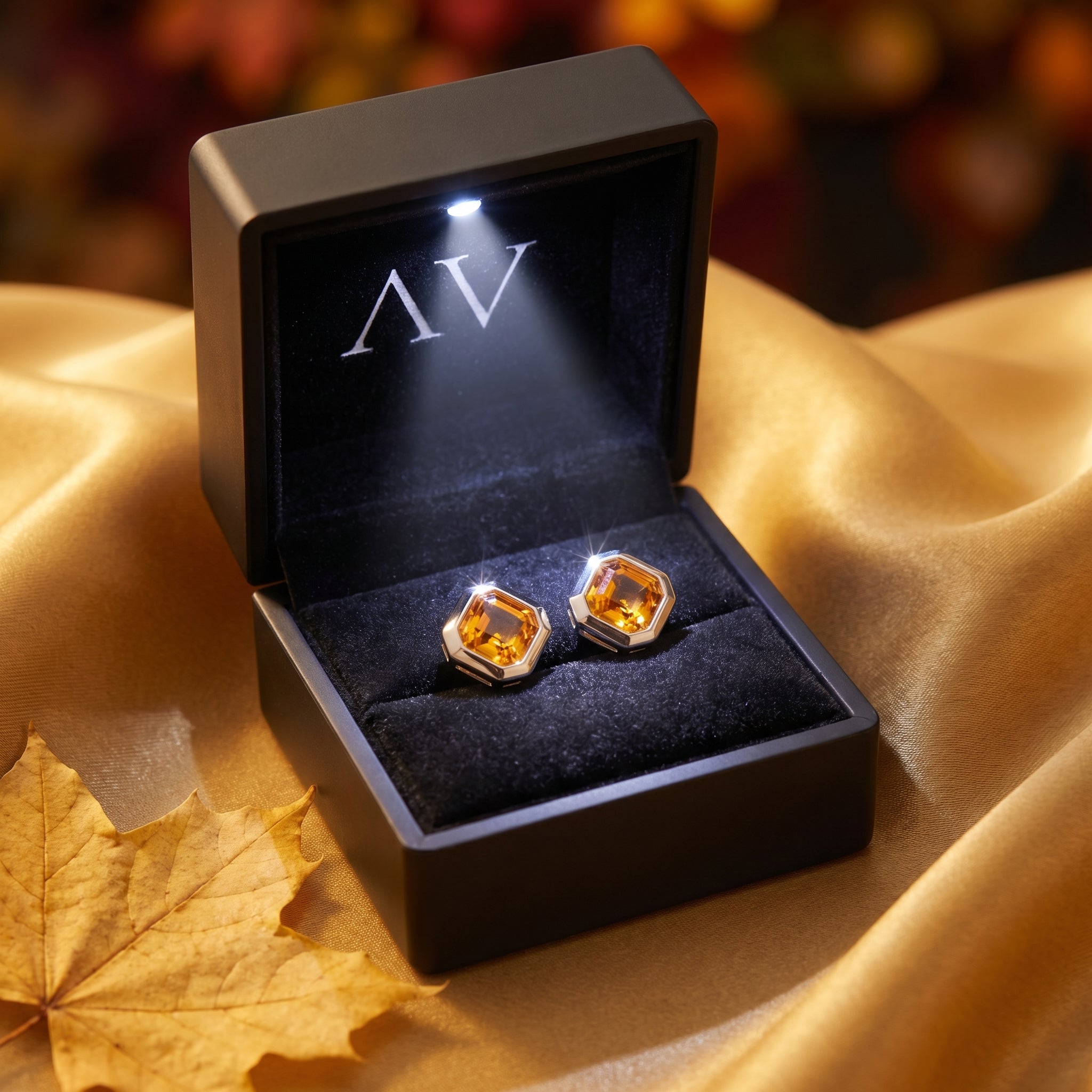 Leonie natural citrine earrings presented in a black LED-lit gift box on gold fabric with an autumn leaf.