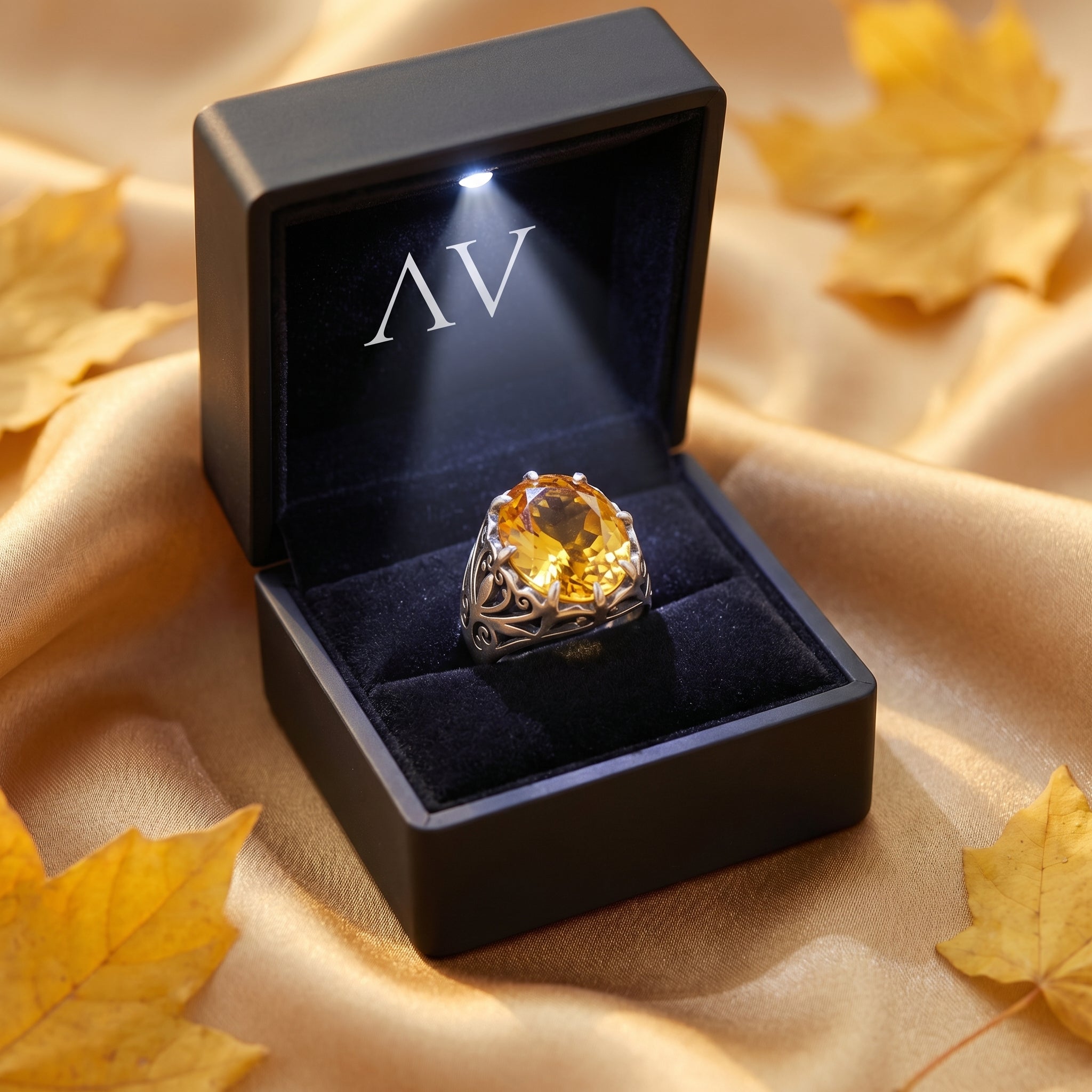 Solarielle sterling silver citrine ring inside a black LED-lit presentation box, surrounded by autumn leaves.