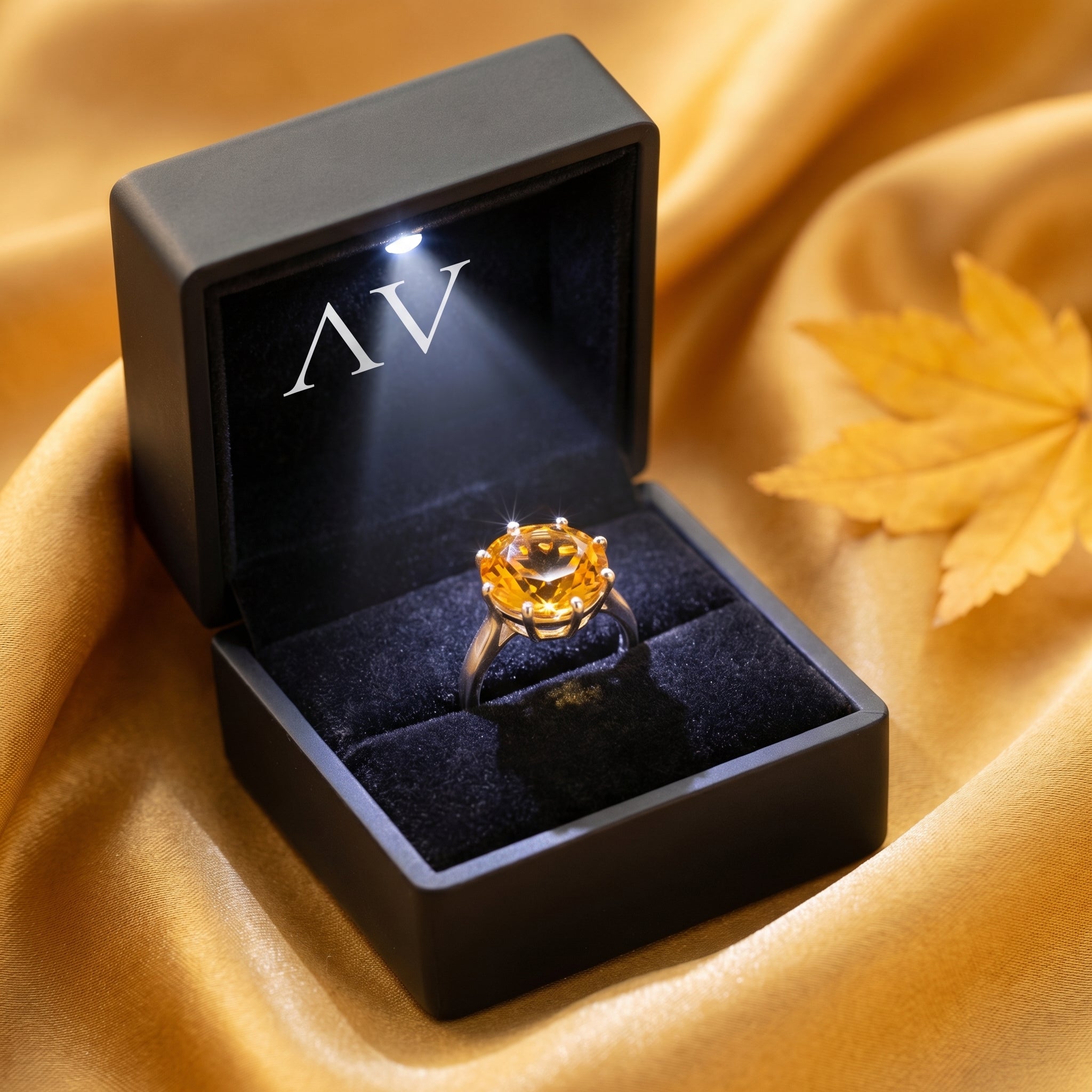 Natural citrine sterling silver ring presented in a black lighted gift box on golden silk fabric.