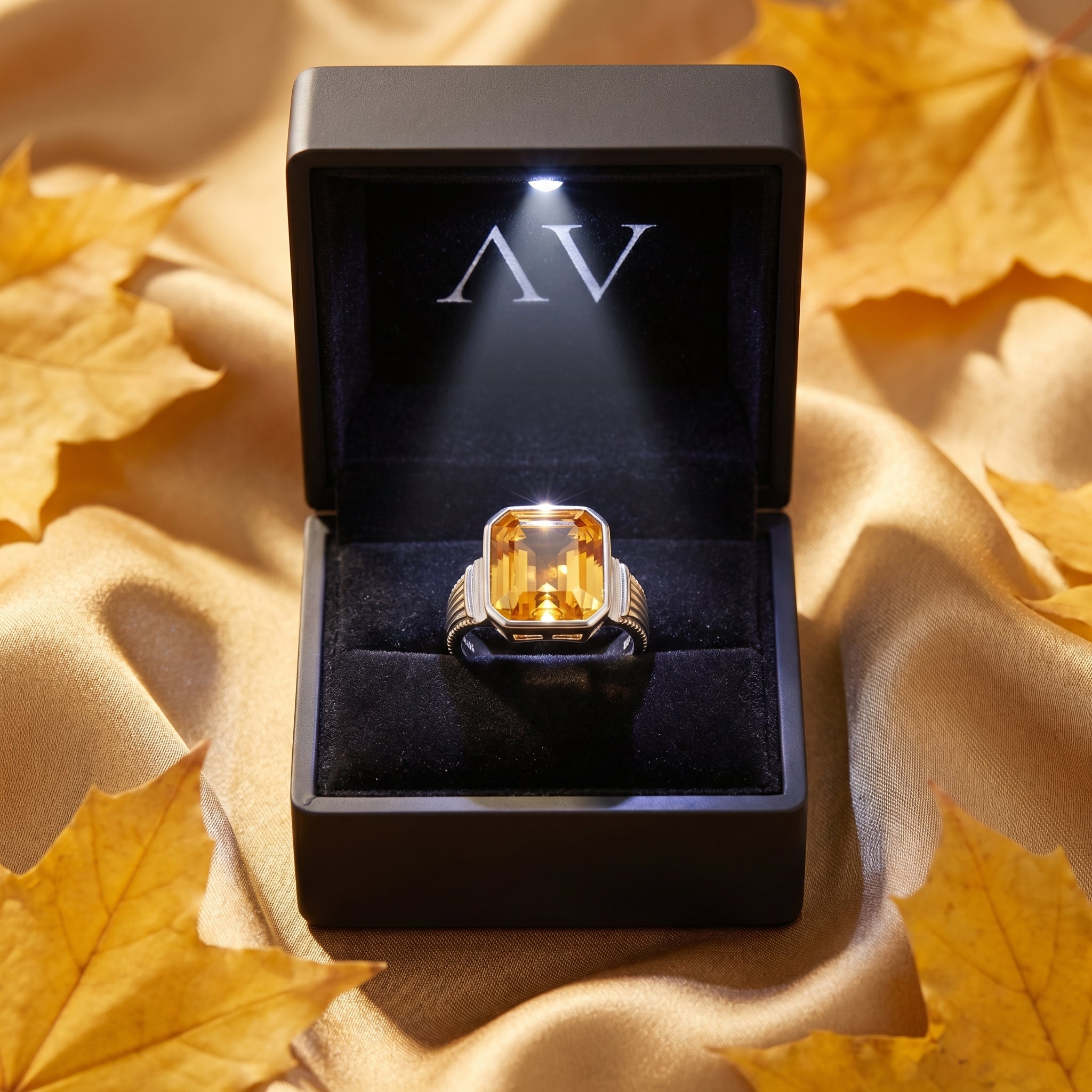 Natural citrine ring presented in a lighted black jewelry box with autumn leaves.