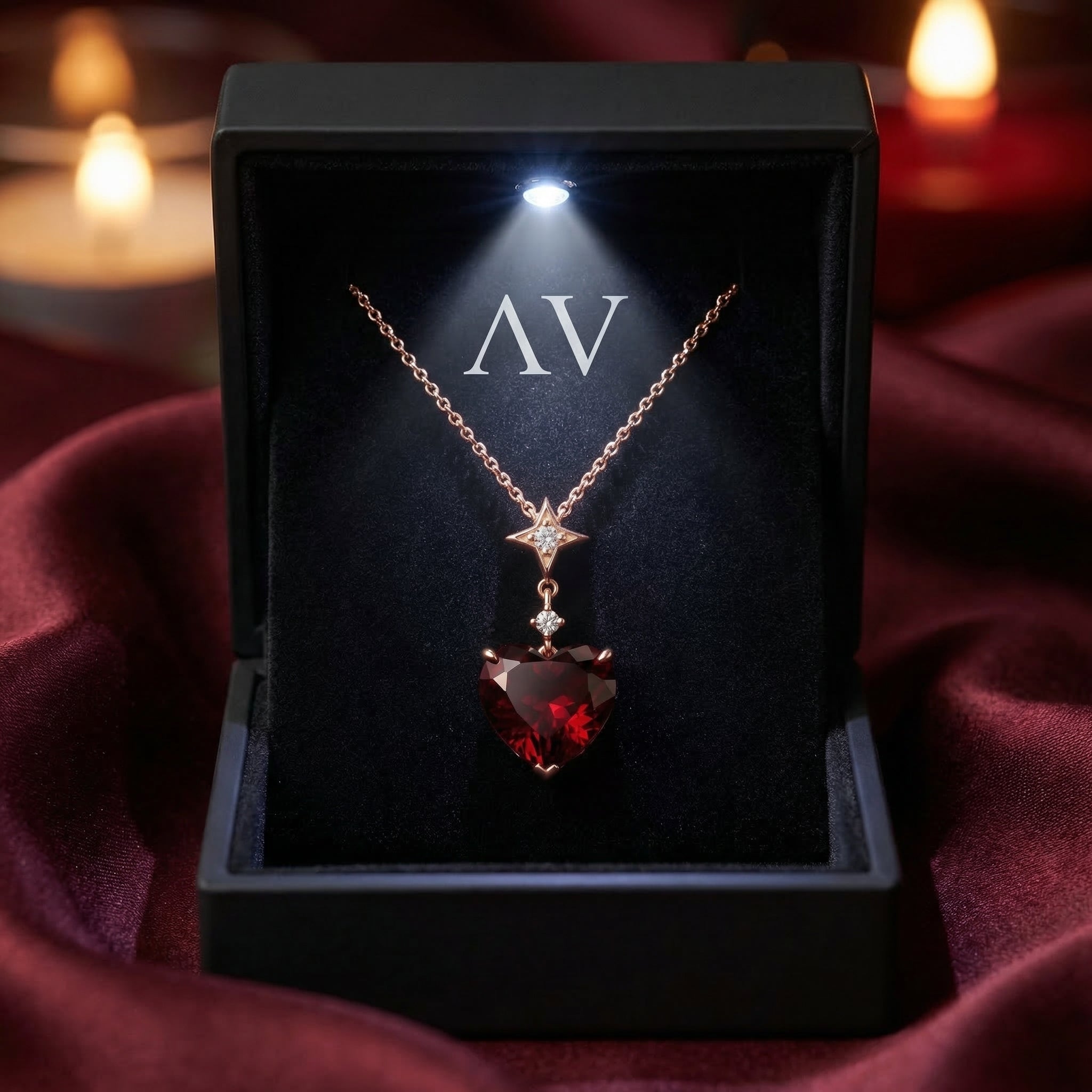 The Carmine Heart necklace in 18K rose gold displayed inside a premium lighted black jewelry box.