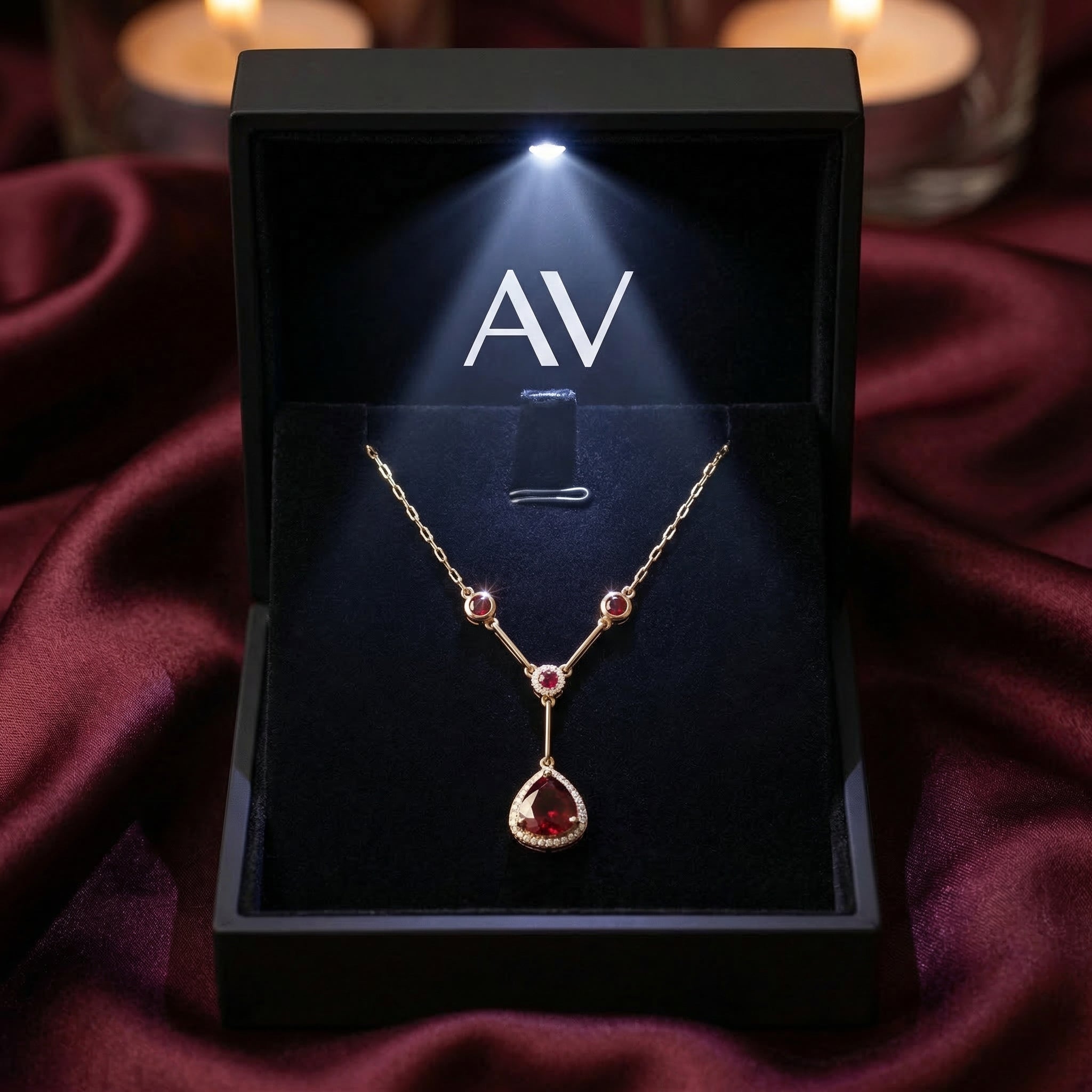 18K yellow gold pear cut garnet necklace presented in a lighted black AV jewelry gift box.