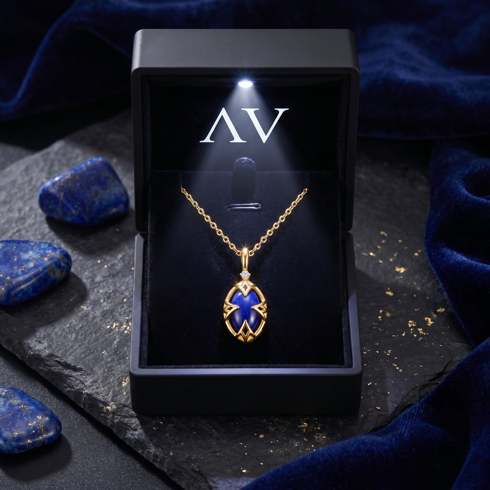 Yellow gold marquise natural lapis lazuli necklace inside a black lighted jewelry box with AV branding.