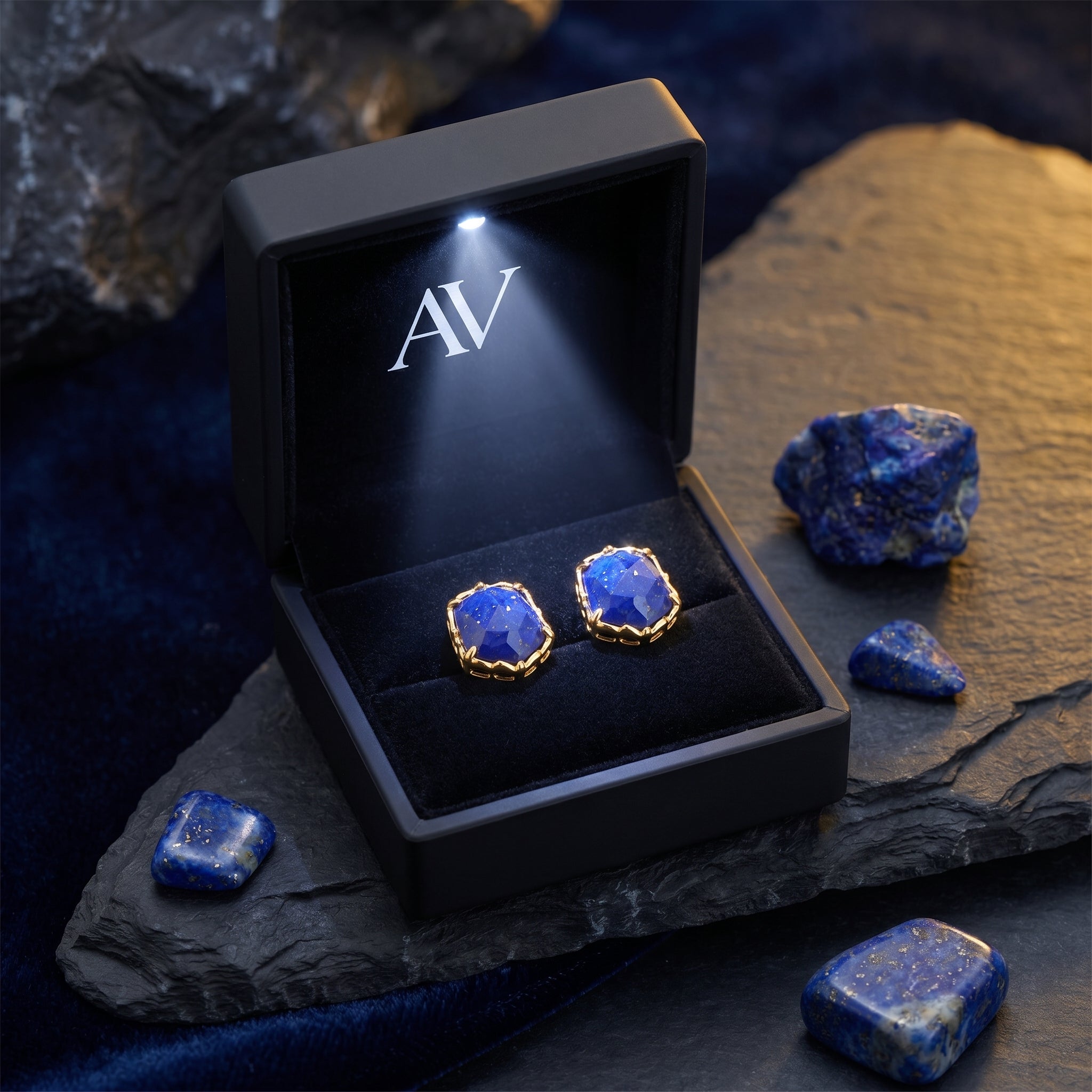 Gold hexagon lapis lazuli earrings presented in a black illuminated jewelry box on a slate and velvet background.