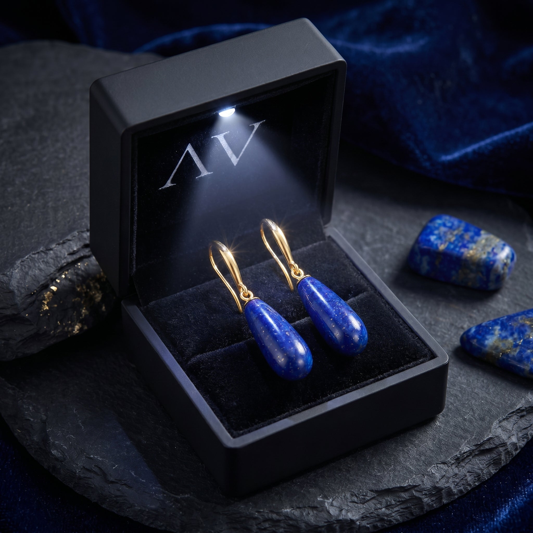 Pear-shaped natural lapis lazuli earrings in 18K gold plating inside a lighted black jewelry presentation box.