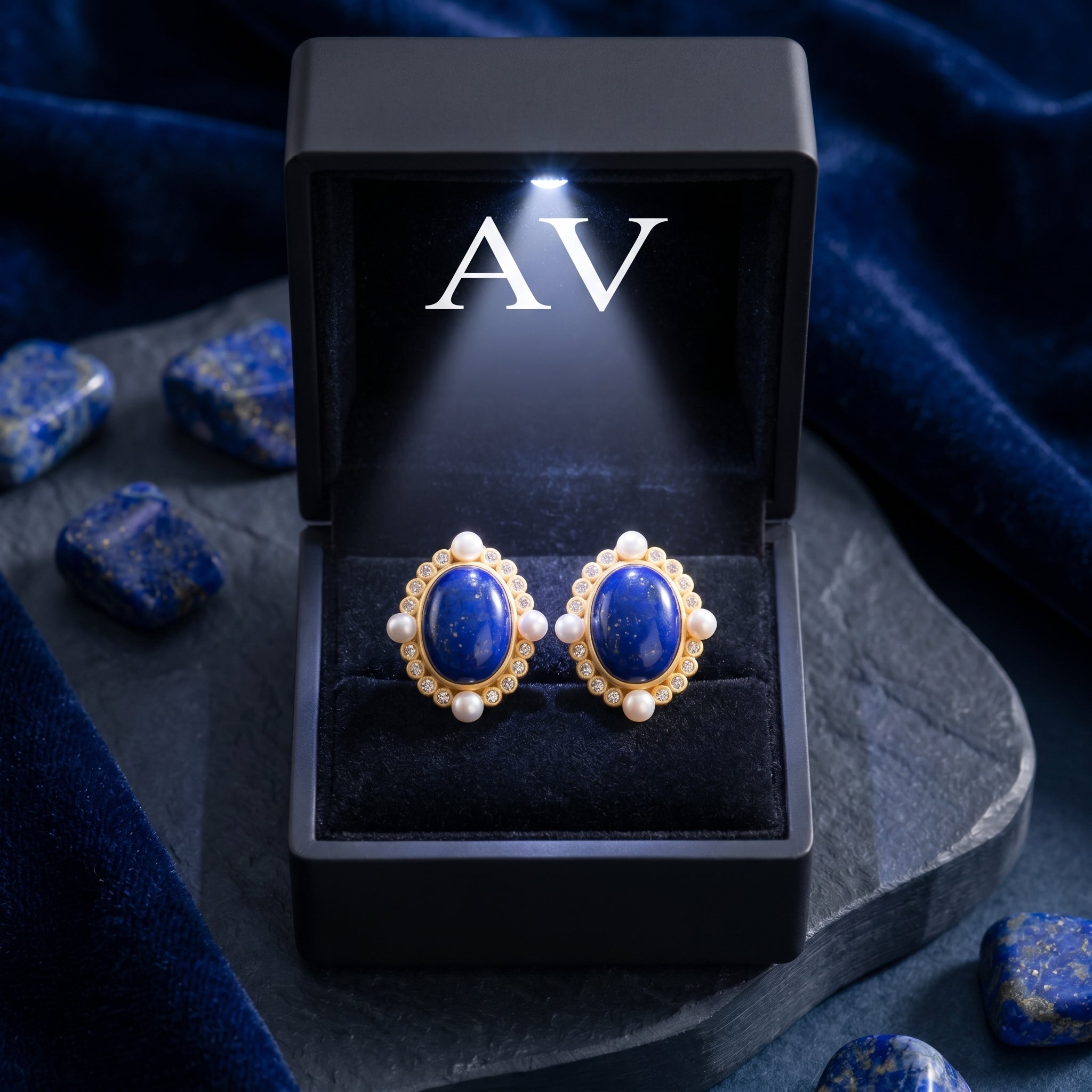 Oval natural lapis lazuli gold-plated earrings in a black LED-lit jewelry box with a white AV logo.