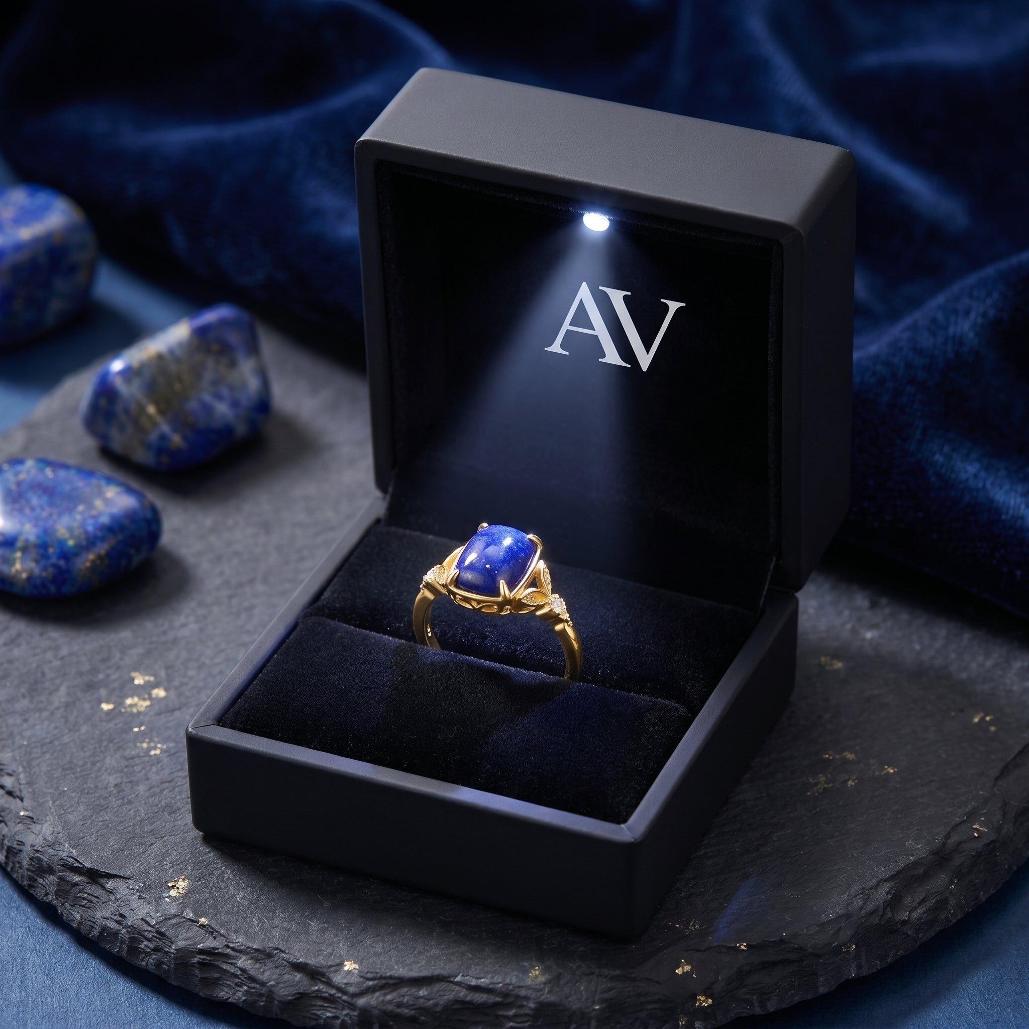 Yellow gold Alexandria natural lapis ring presented in a black LED-lit jewelry box with AV branding.
