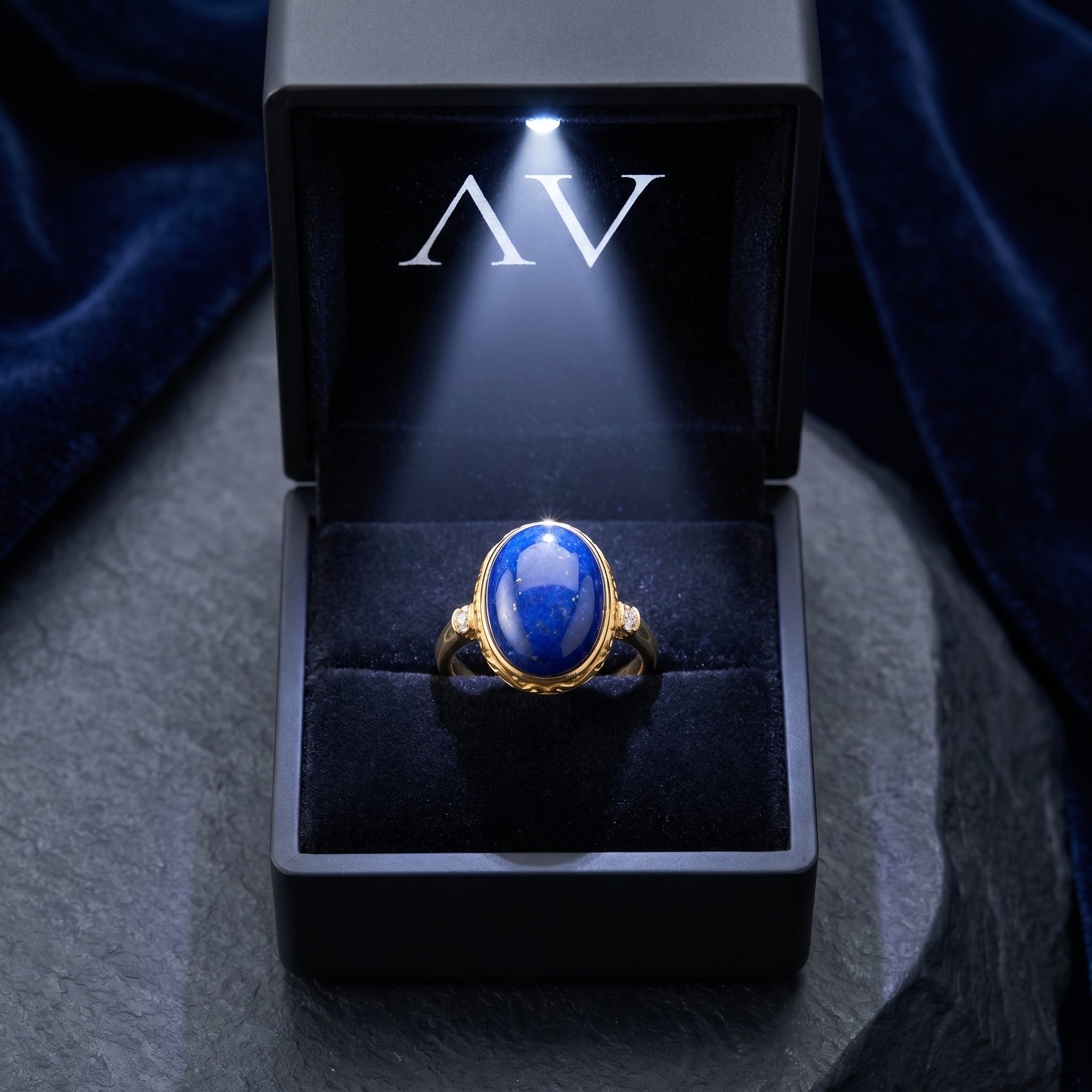 Yellow gold oval lapis lazuli ring presented in a luxury black LED-lighted jewelry gift box with AV branding.