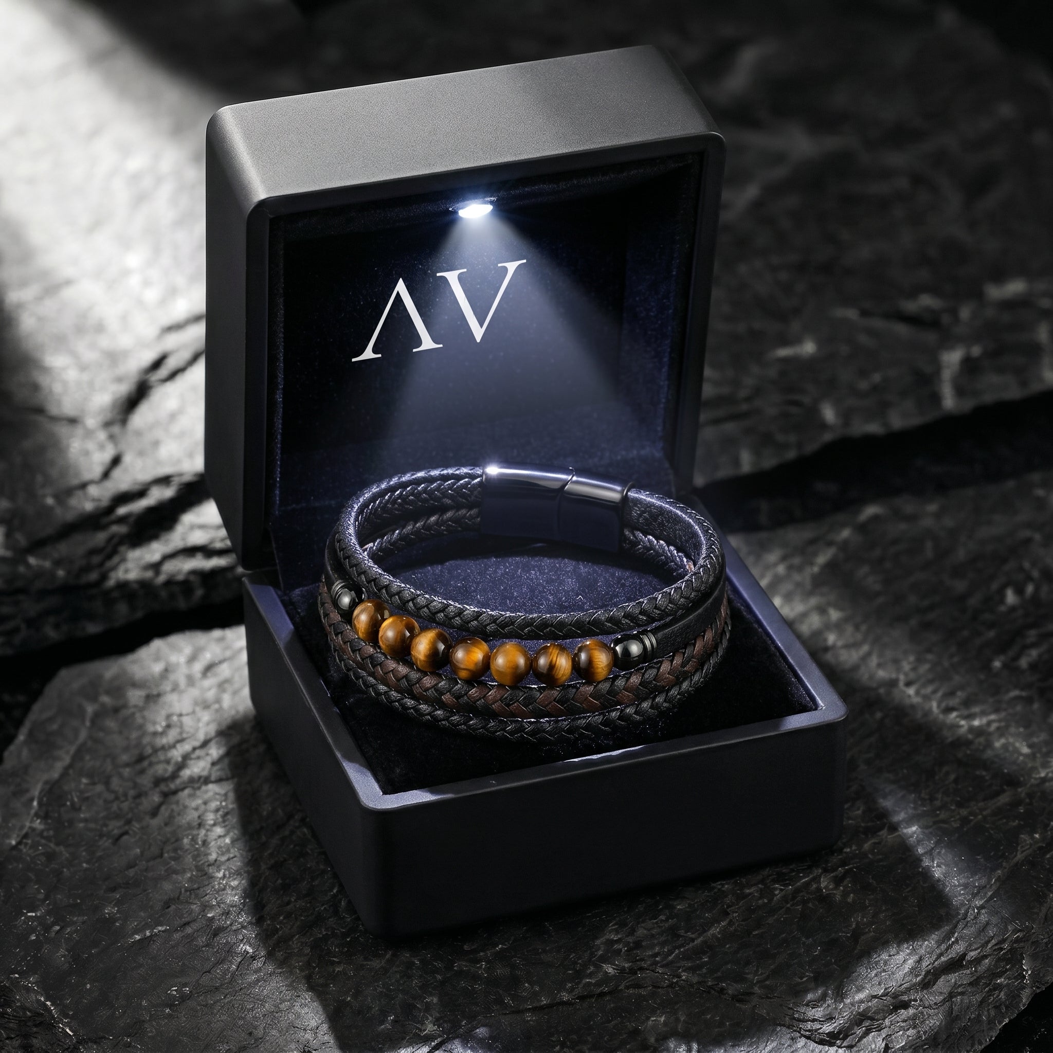 Garrison men's leather and tiger's eye bracelet inside a premium black lighted gift box.
