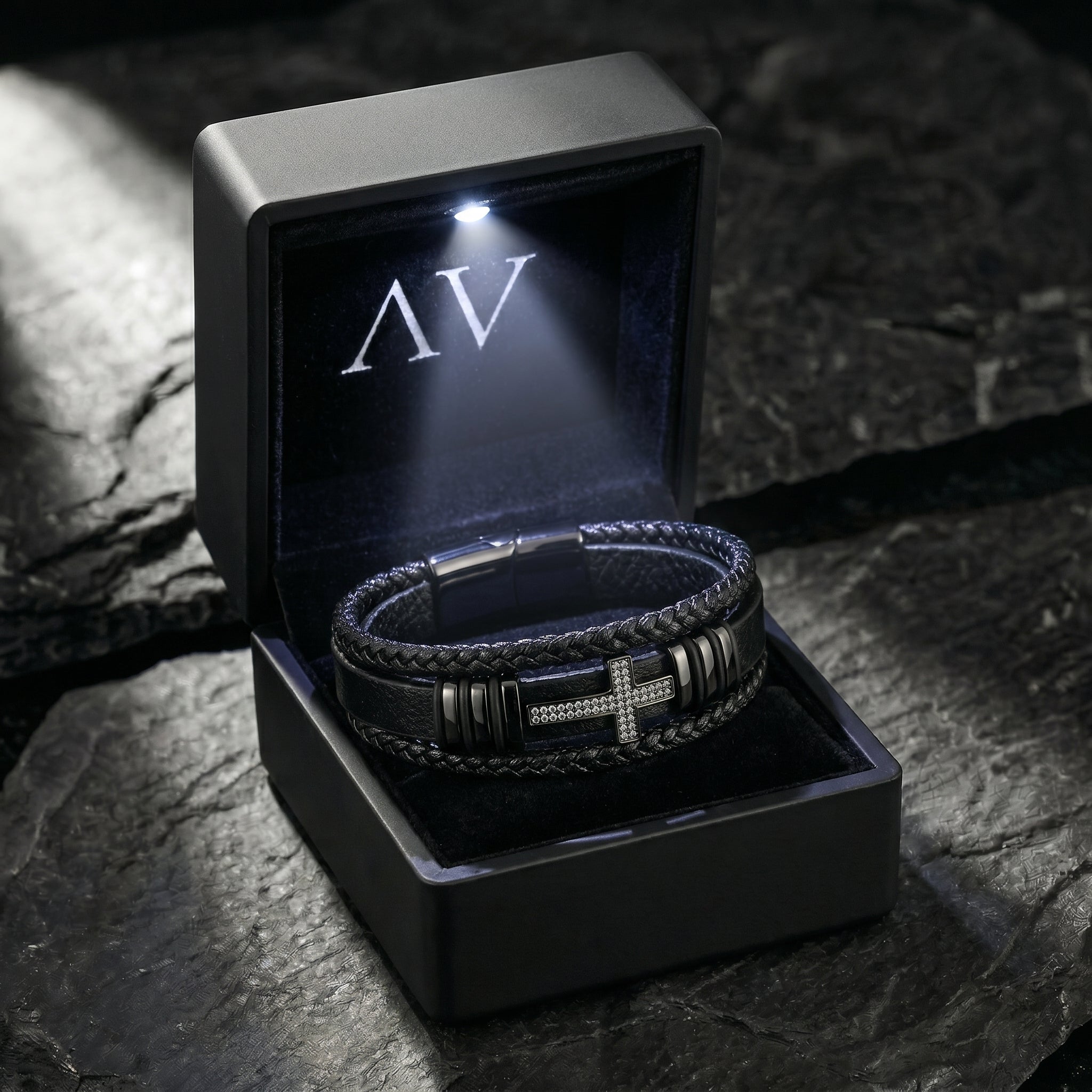 Black Ironcross bracelet presented in a premium black gift box with an integrated LED spotlight.