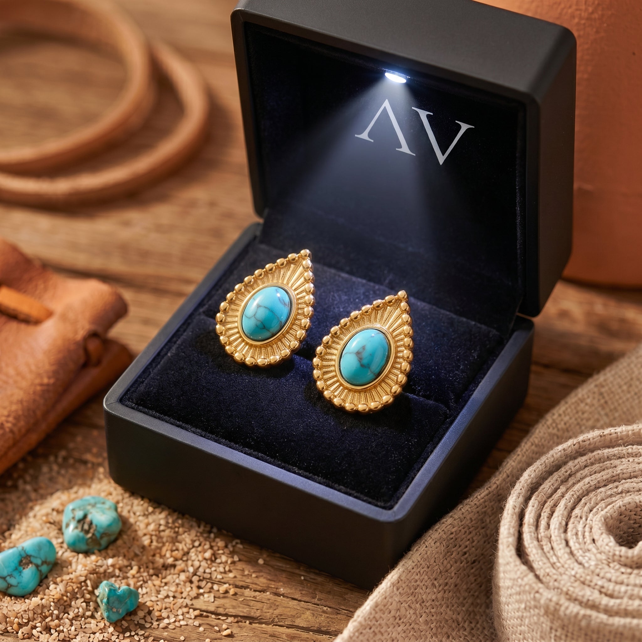Turquoise and 18K gold finish drop earrings presented in a black LED-lit jewelry gift box.
