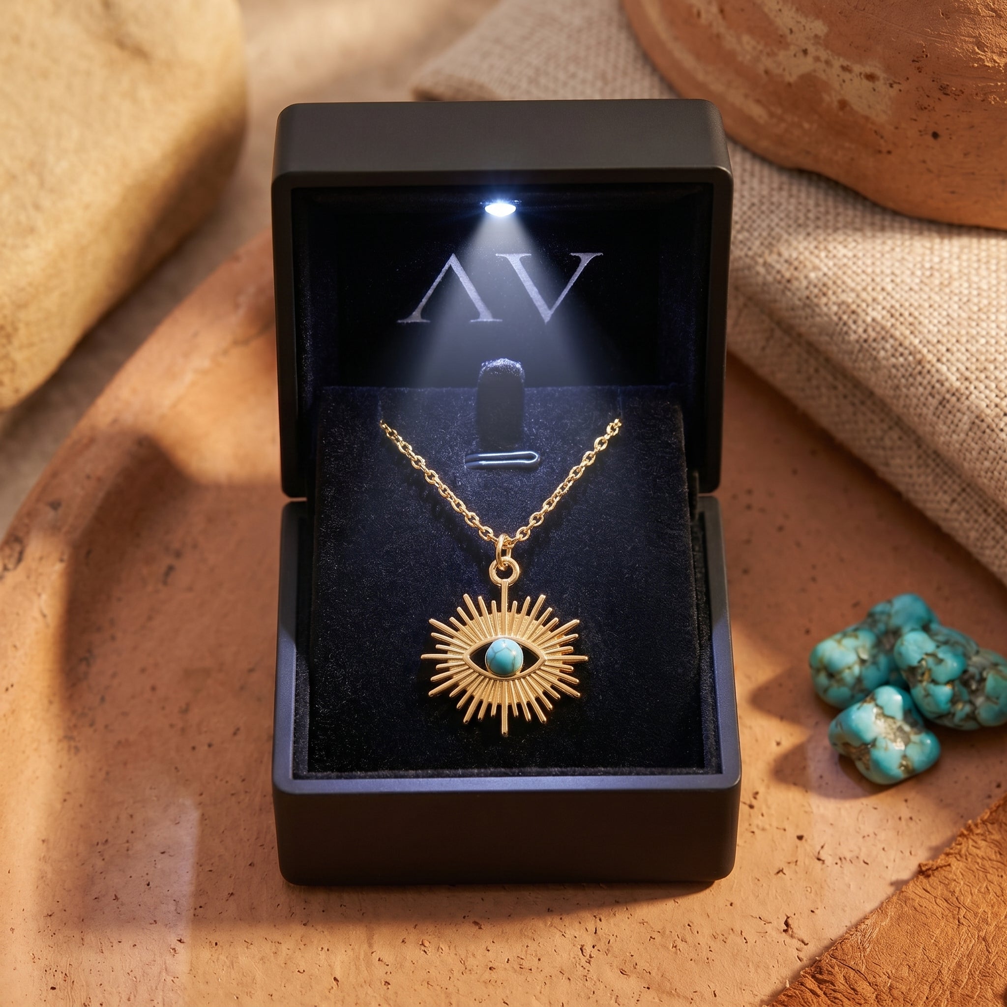 Gold finish turquoise sunburst necklace displayed in a premium black LED-lit jewelry gift box.
