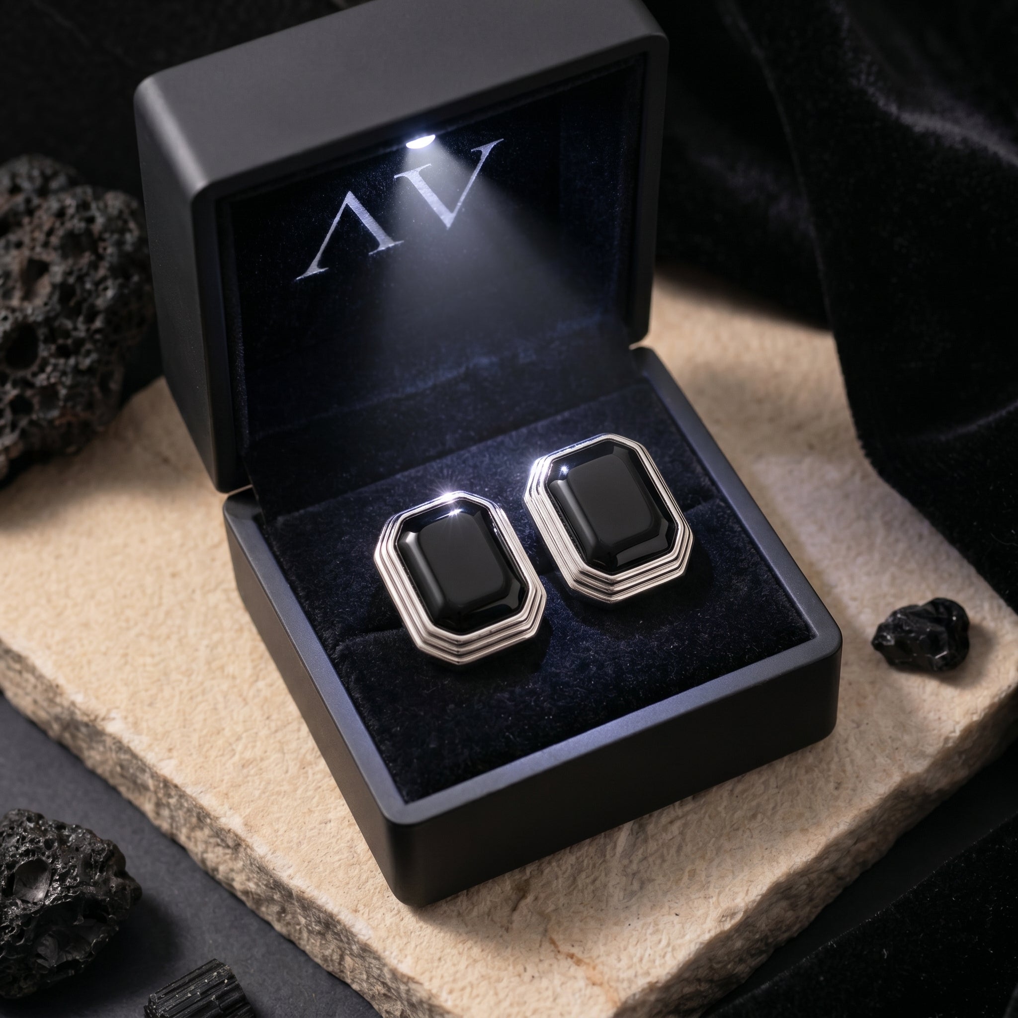 Square cut natural black onyx earrings in silver, presented in a premium black LED-lit jewelry gift box.