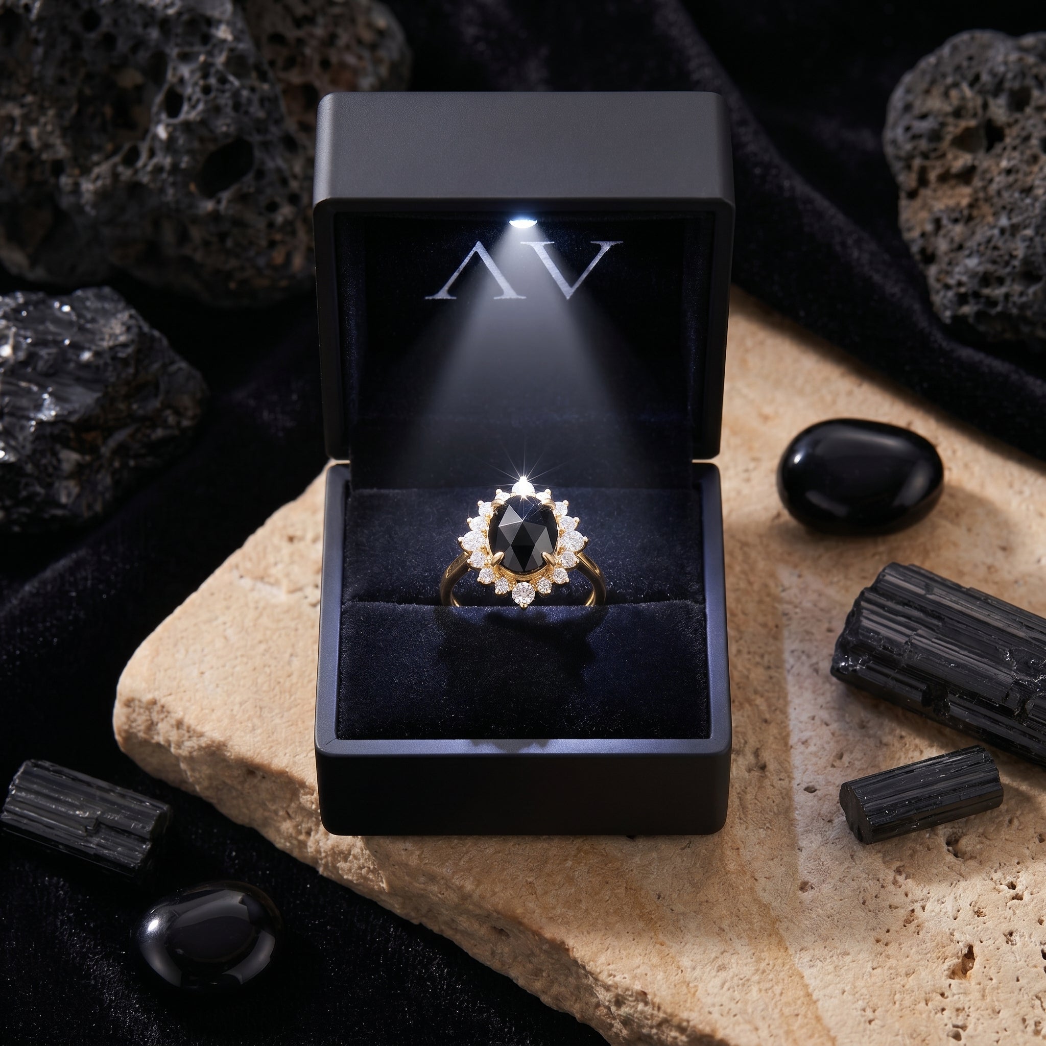 18K gold plated black onyx ring presented in a lighted black jewelry box on a natural stone background.