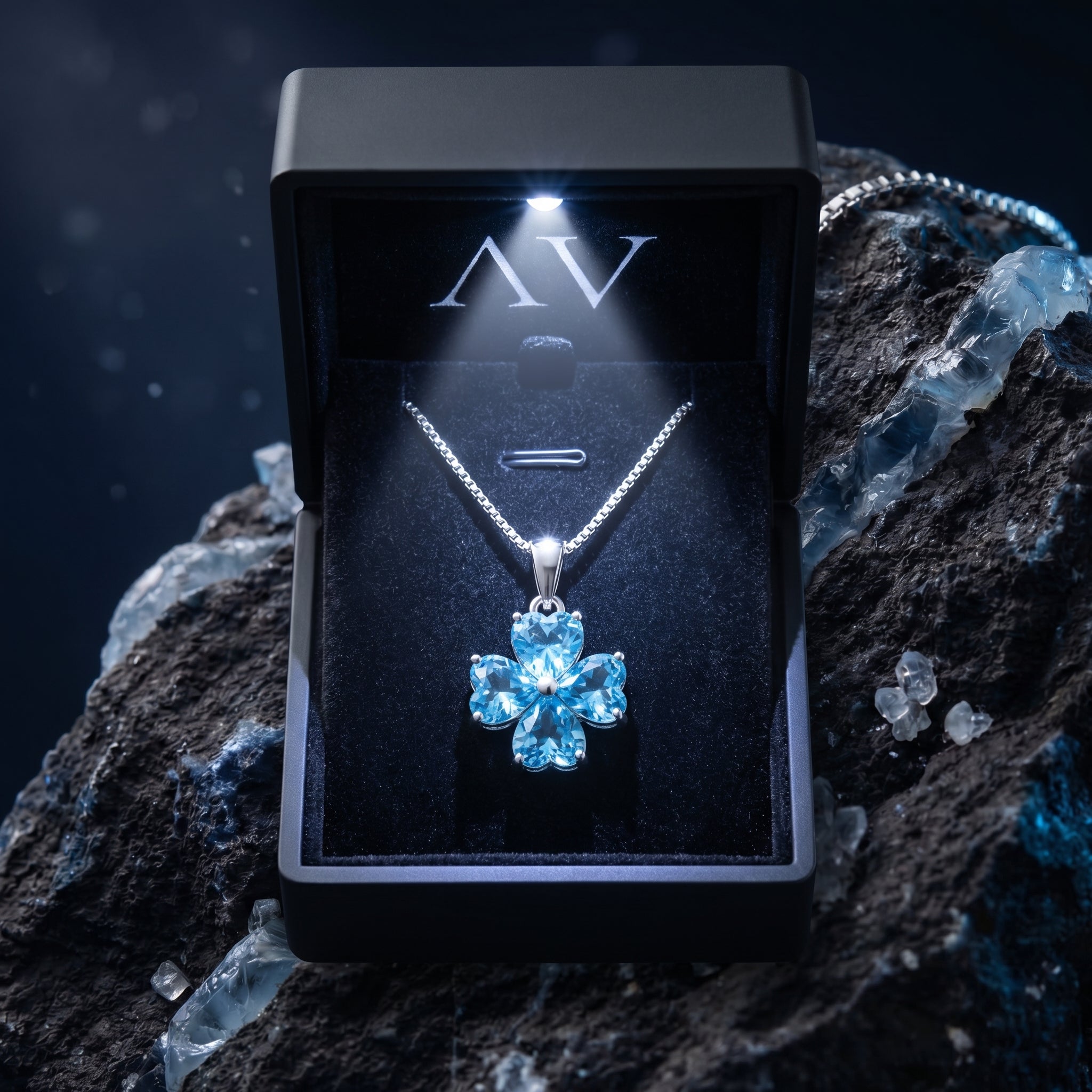 Blue topaz clover pendant necklace in a lighted black jewelry gift box on a dark rock.
