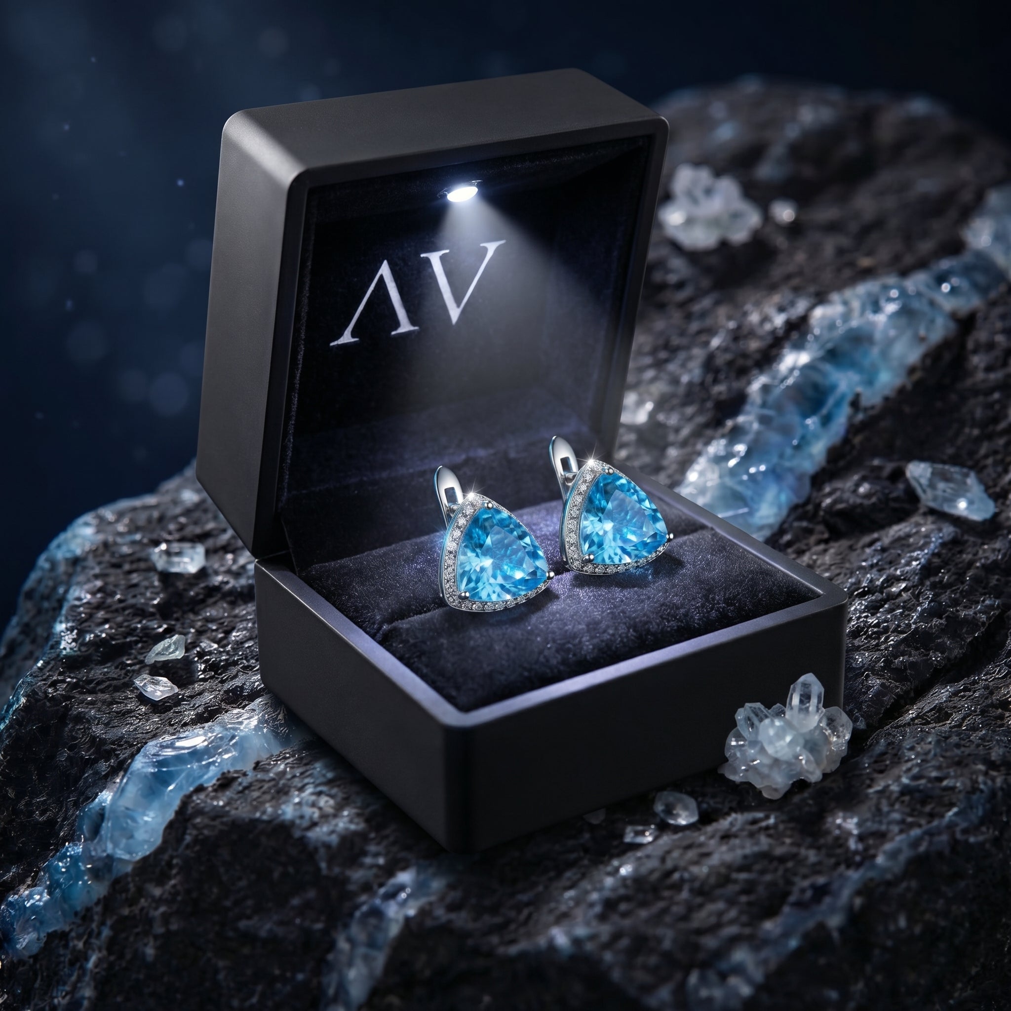 Silver triangle cut blue topaz earrings inside a black lighted jewelry box with AV logo on a dark rock.