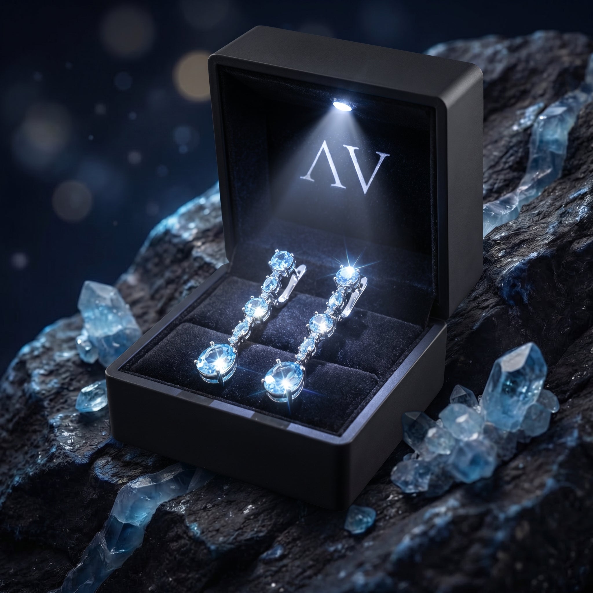 Silver drop earrings with round and oval natural blue topaz in a black illuminated gift box on a dark rock.