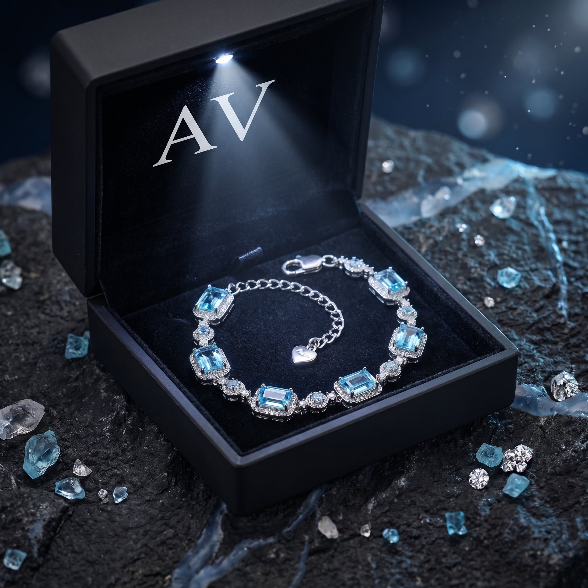 Emerald cut blue topaz silver bracelet presented in a premium lighted black jewelry gift box.