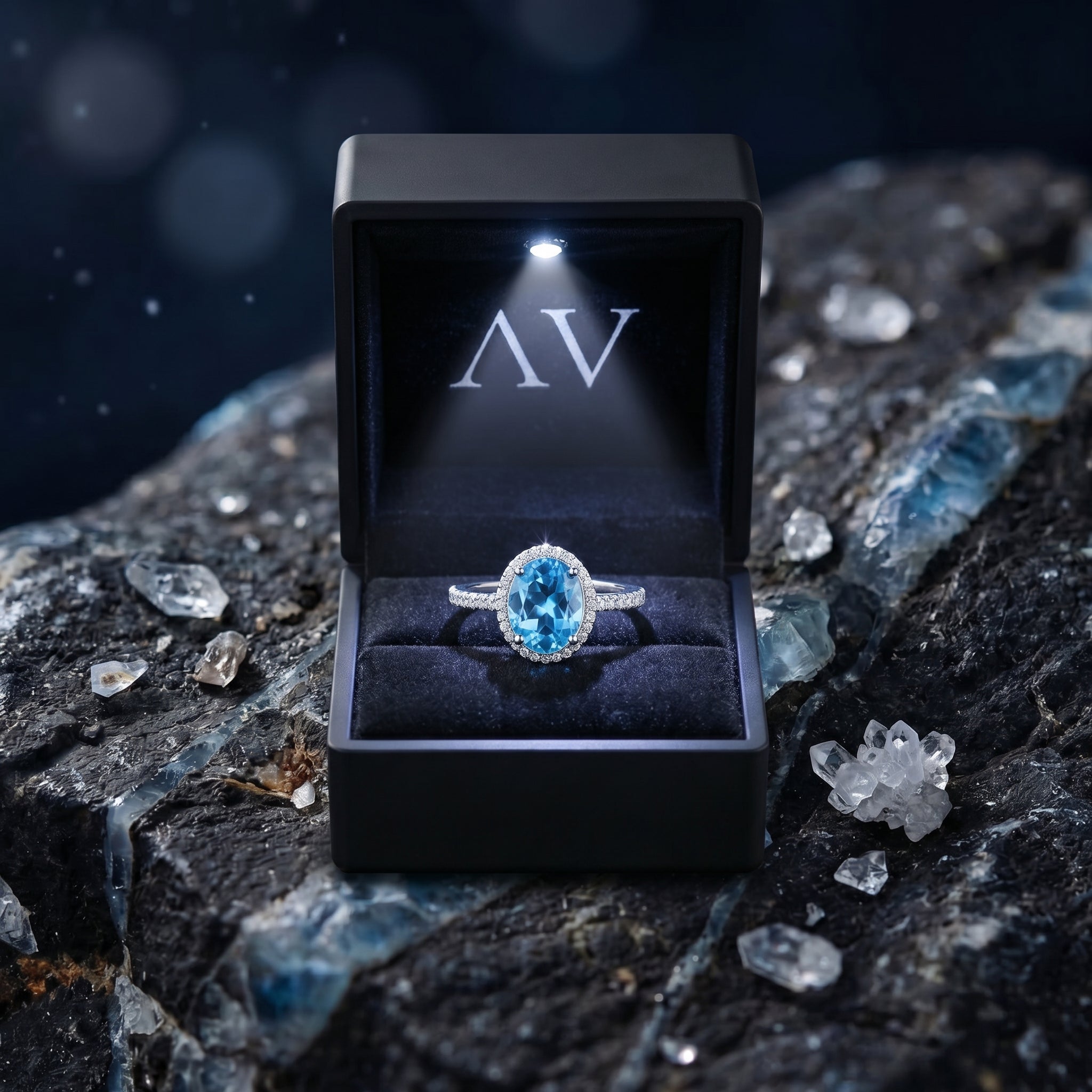 Natural blue topaz sterling silver ring displayed in a premium lighted black gift box.
