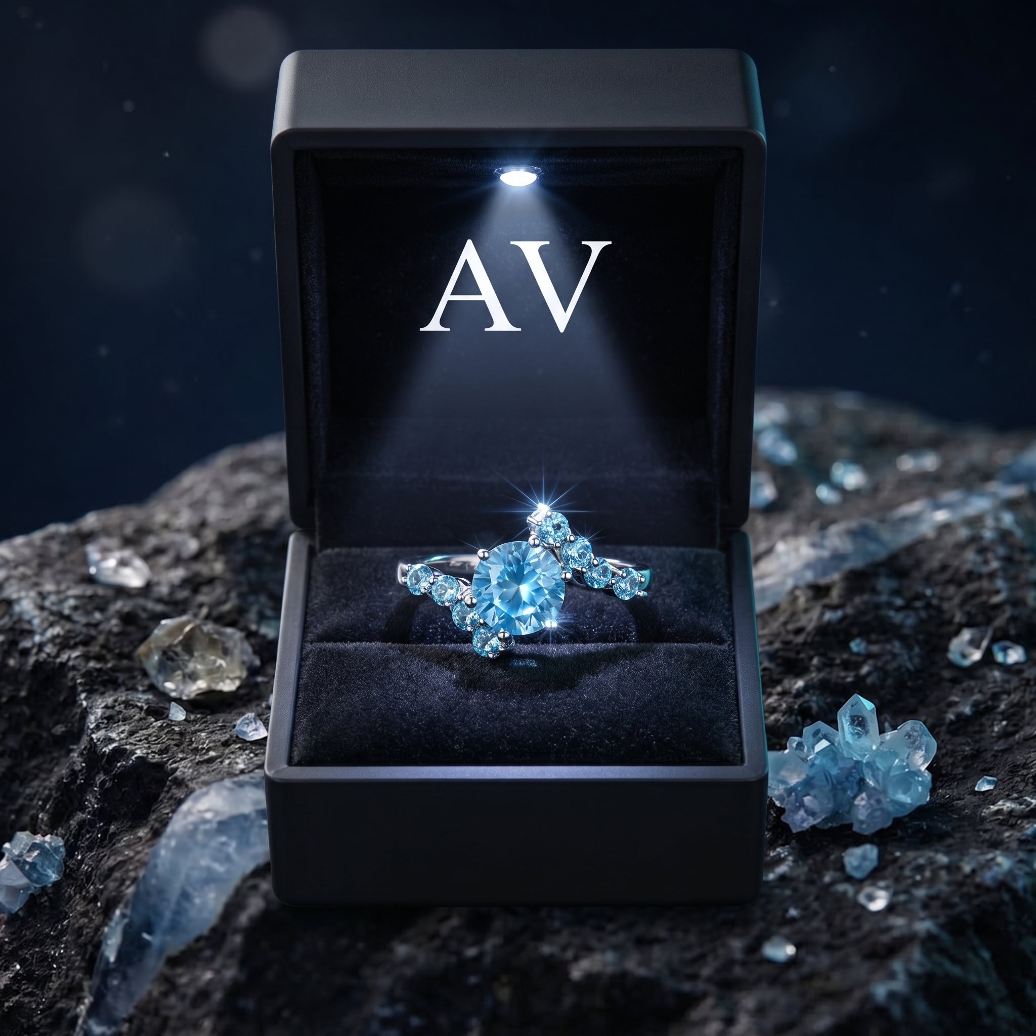 Natural blue topaz sterling silver ring presented in a black LED-lit jewelry box with AV branding.