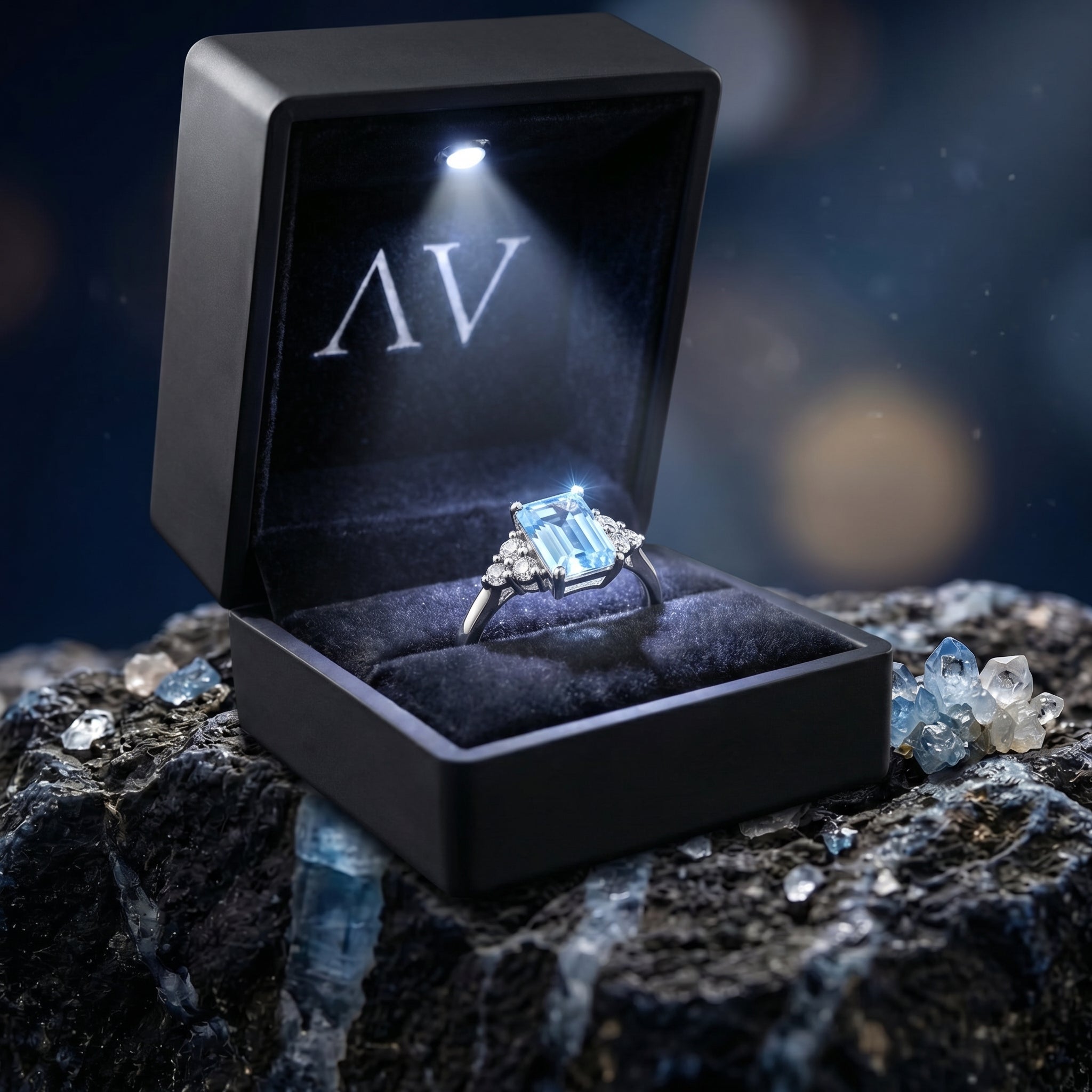 Emerald cut natural blue topaz sterling silver ring presented in a lighted black jewelry gift box.