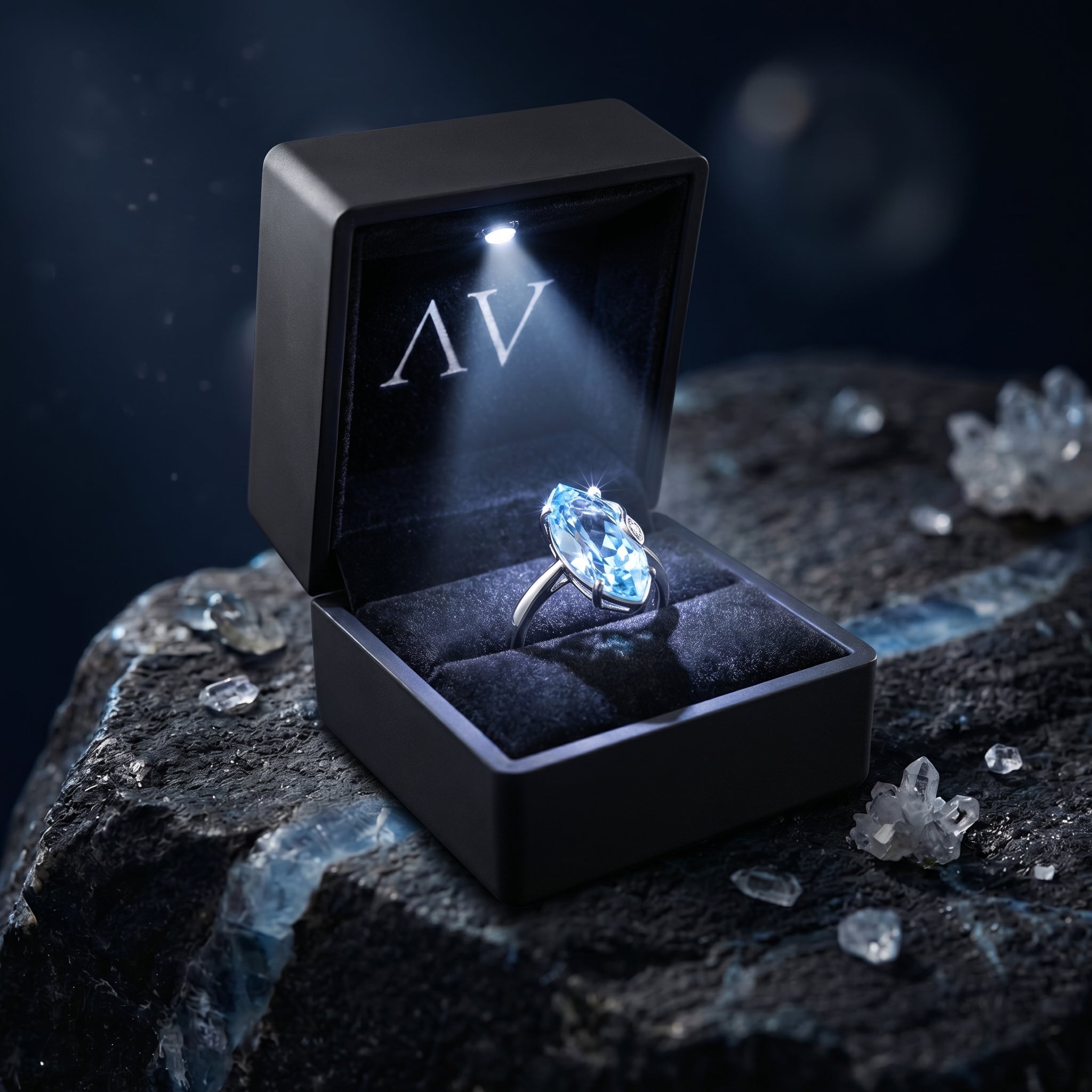 Marquise cut natural blue topaz sterling silver ring inside a black LED lighted presentation box.
