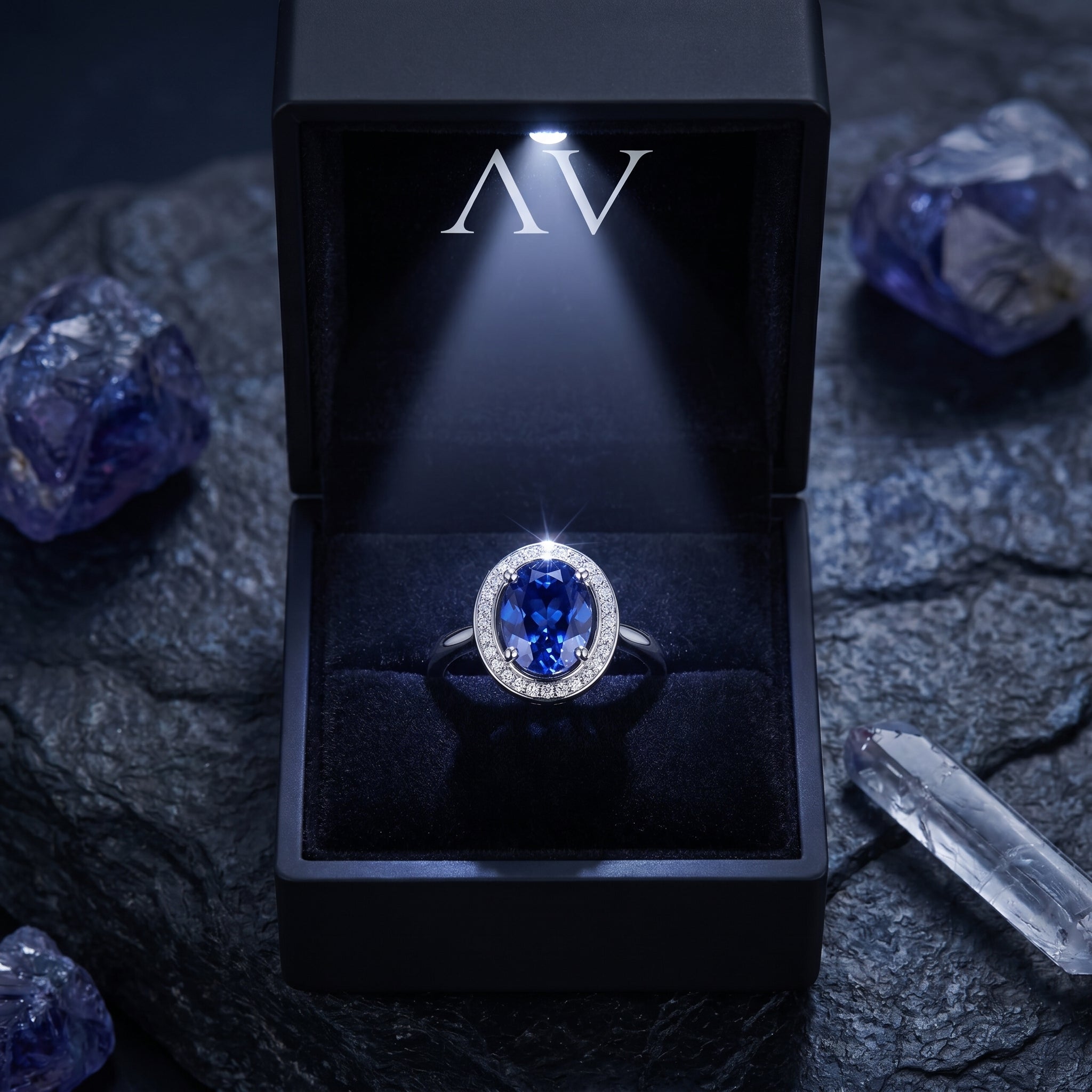 18K white gold oval tanzanite halo ring inside a lighted black jewelry box on a dark rock background.