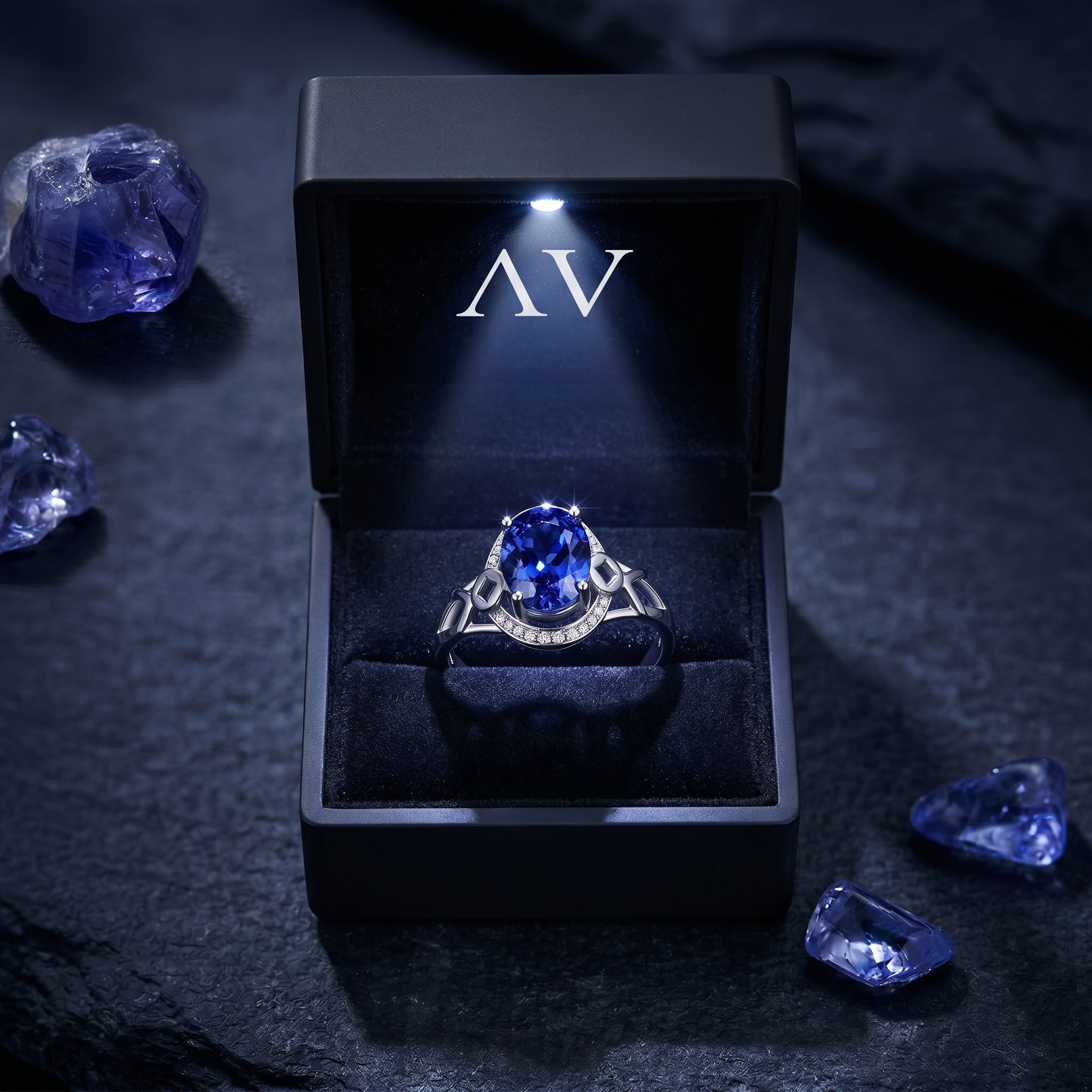 Oval tanzanite and diamond ring in 18K white gold presented in a black lighted AV jewelry gift box.