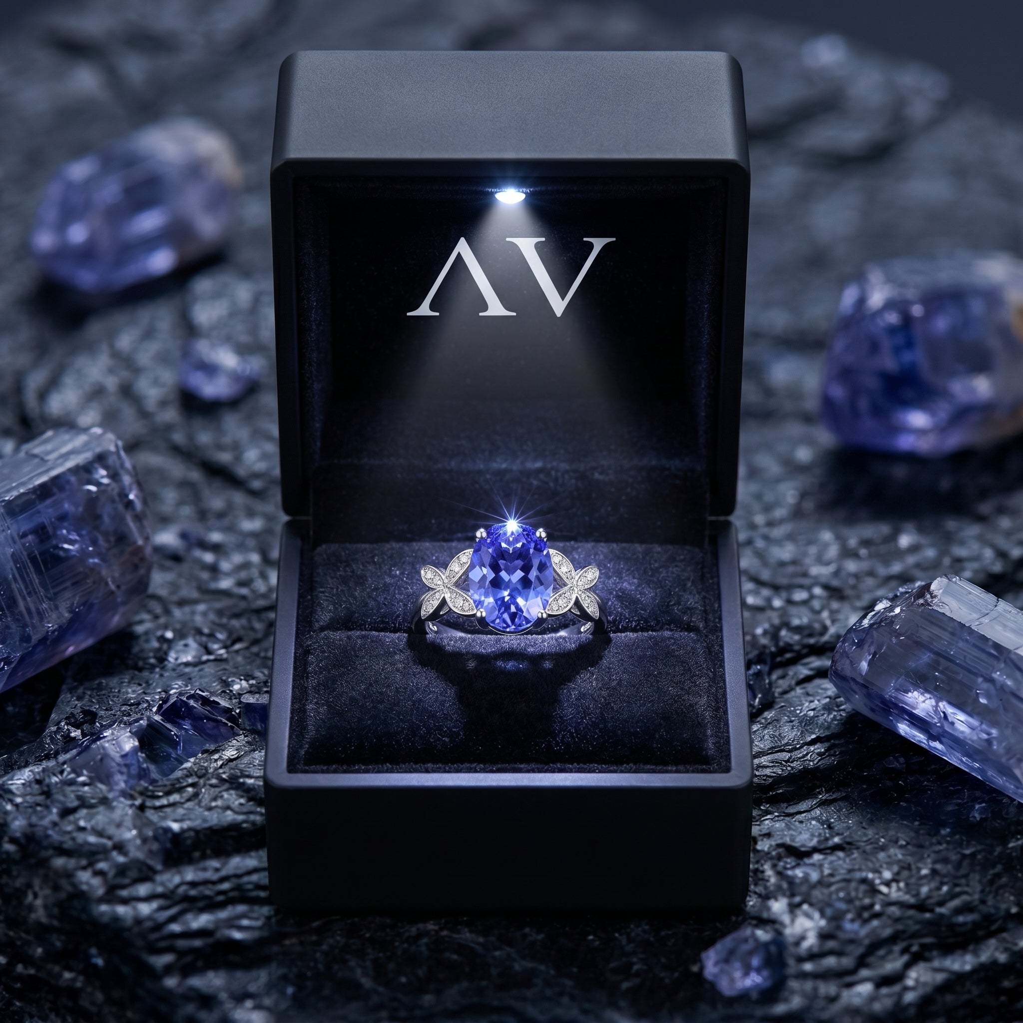 Oval tanzanite and diamond ring presented in a black lighted jewelry box with raw tanzanite crystals.