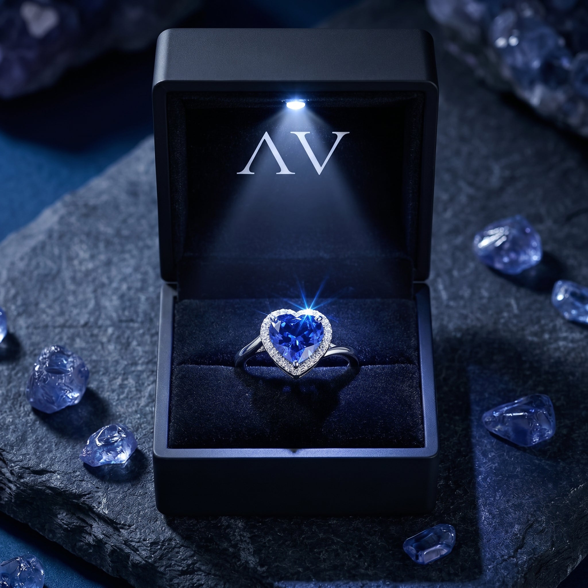 Heart-shaped tanzanite ring in sterling silver presented in a luxury illuminated black gift box with AV logo.
