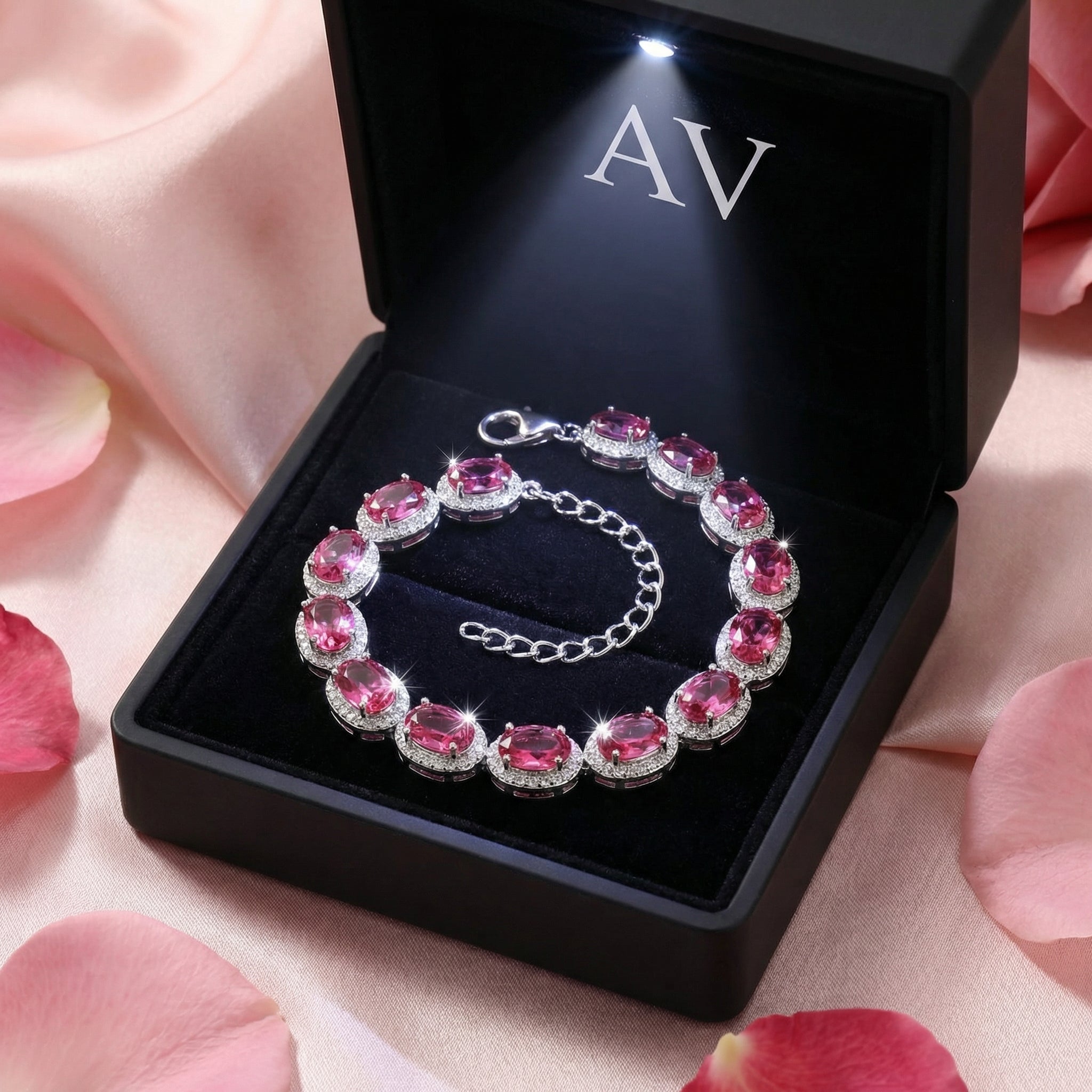 Sterling silver pink tourmaline halo bracelet displayed in a black LED-lit jewelry presentation box.